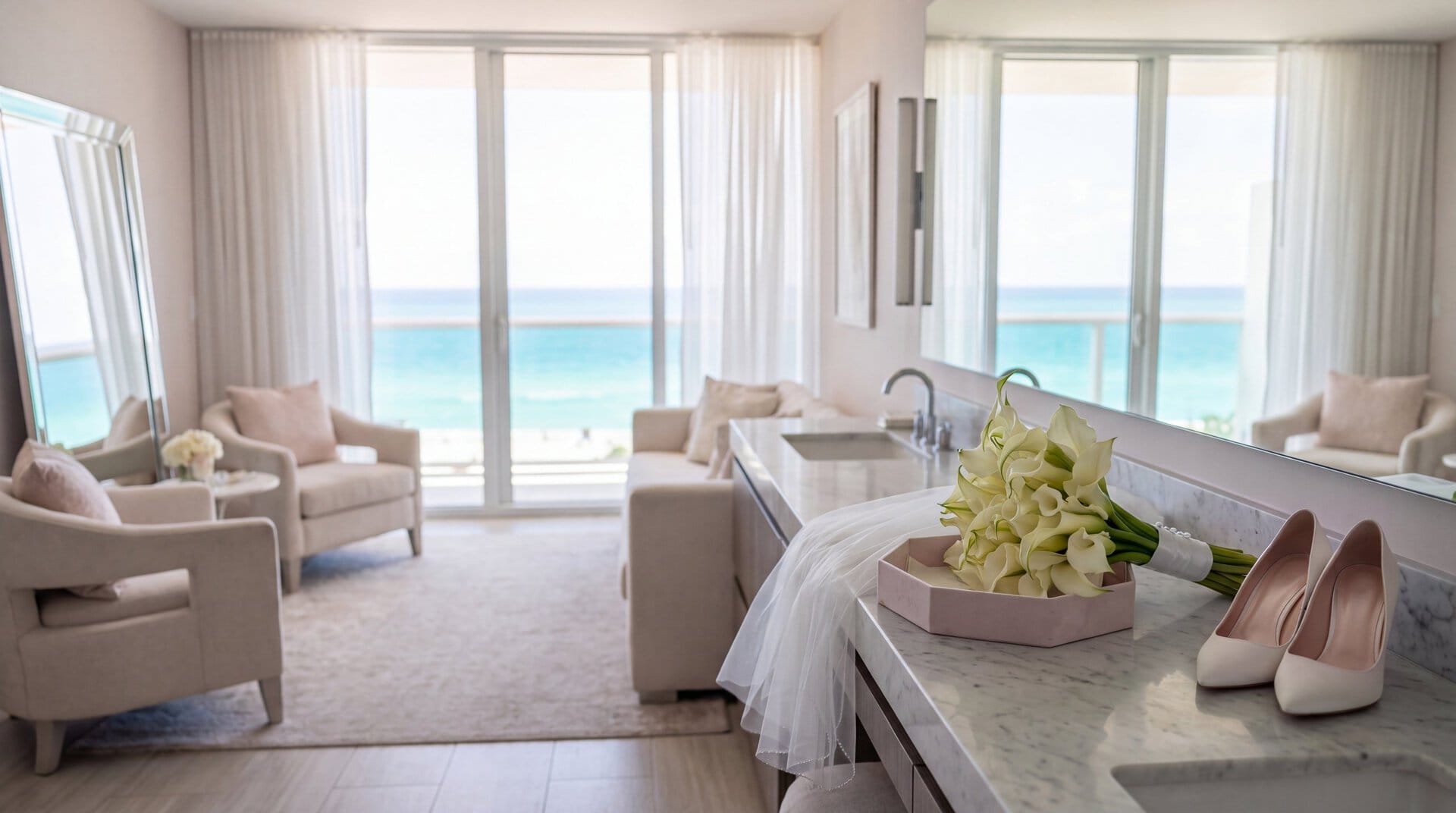 A cream calla lily bridal bouquet in its open pink My Divine Decors box on a marble vanity in a Miami Beach bridal suite