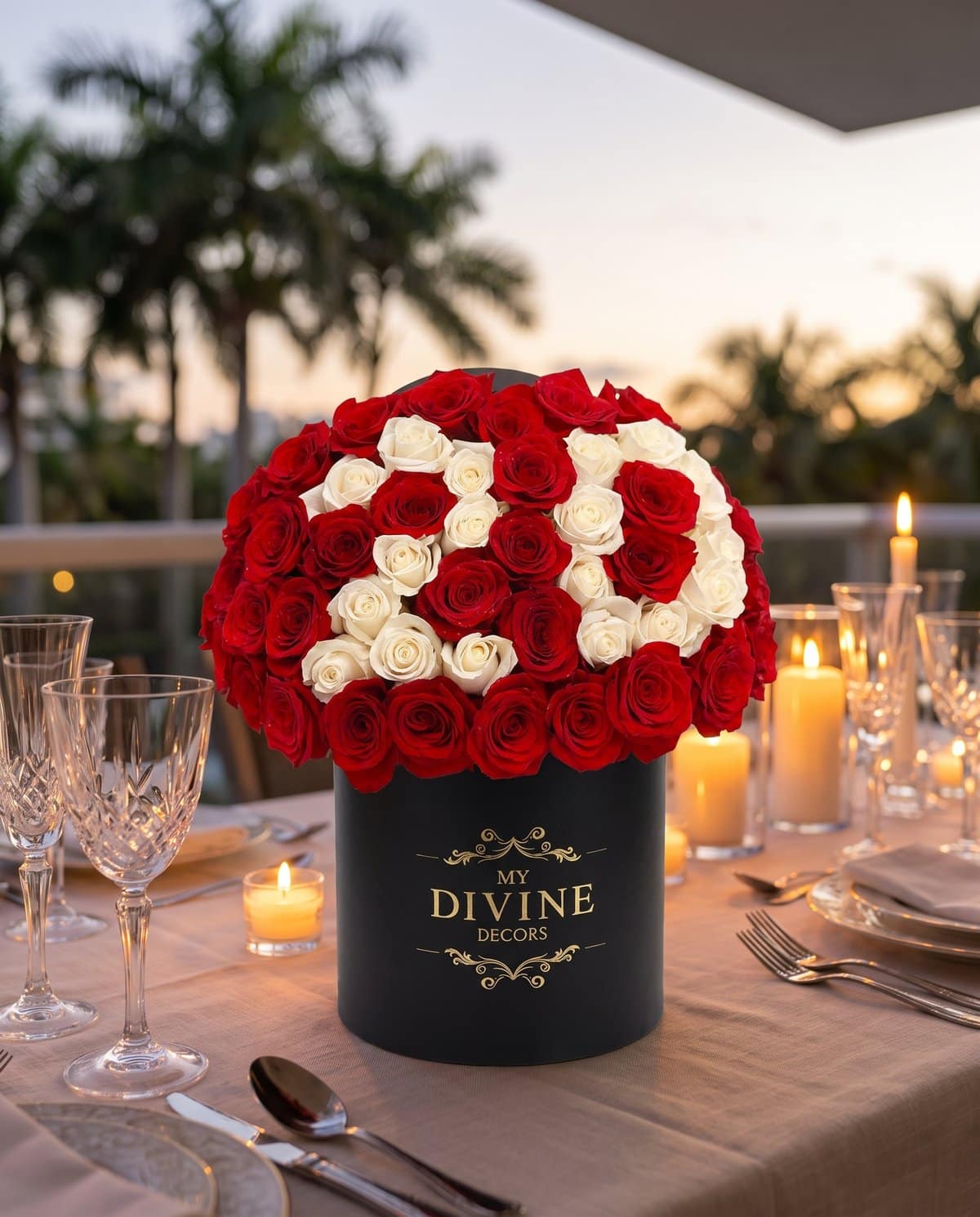 The number 20 in white roses on a dome of red roses, on a birthday table