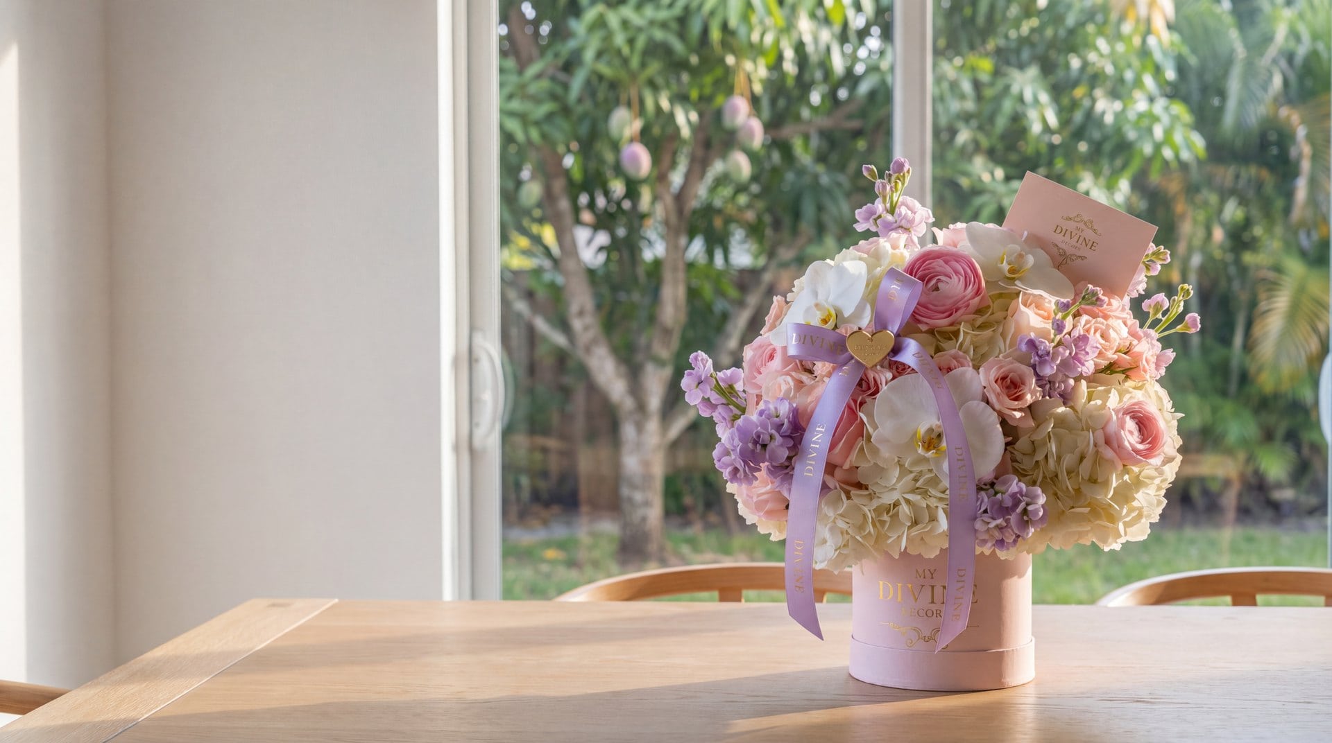 Caja Signature Hanna de hortensias, ranúnculos, rosas y orquídeas con cinta lila sobre una mesa de comedor en Kendall