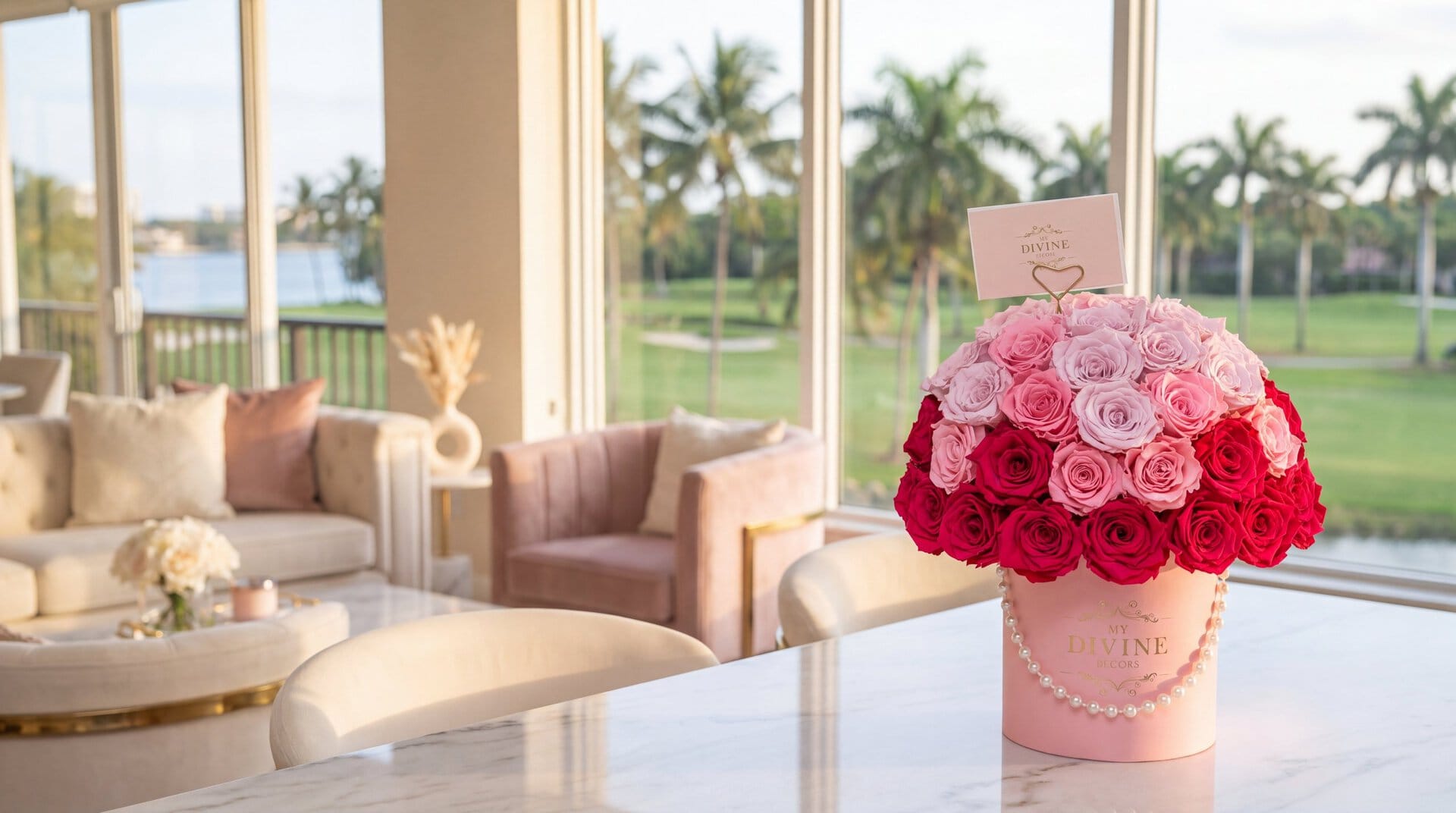 Famosa Caja Sombrero rosada de My Divine Decors con rosas preservadas en degradado y perlas, sobre una mesa de mármol en un condominio de Aventura frente al campo de golf