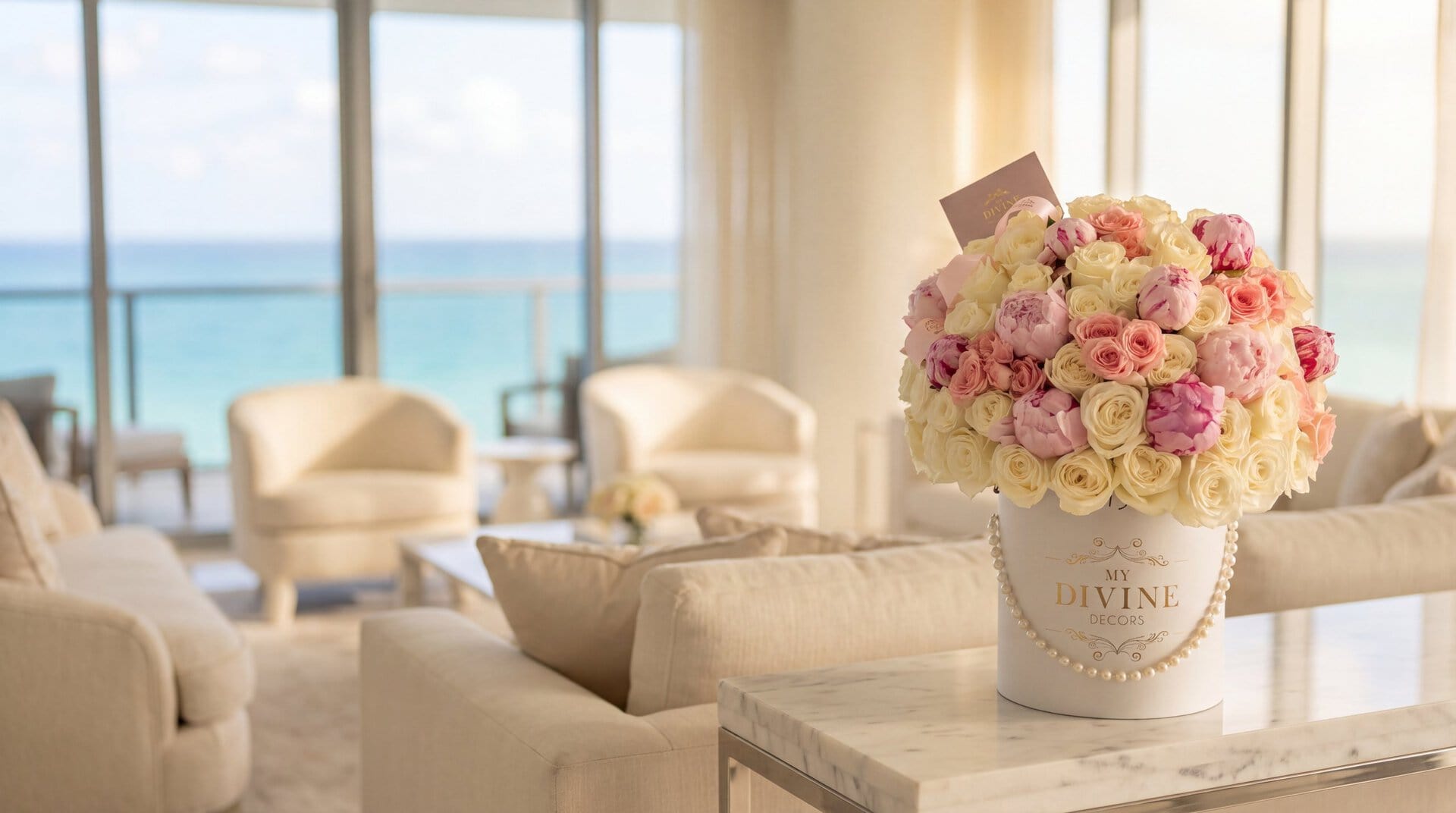 Caja Sombrero Daniela de My Divine Decors con rosas blancas y rosadas, peonías y perlas, sobre una consola de mármol en un apartamento de Bal Harbour frente al océano