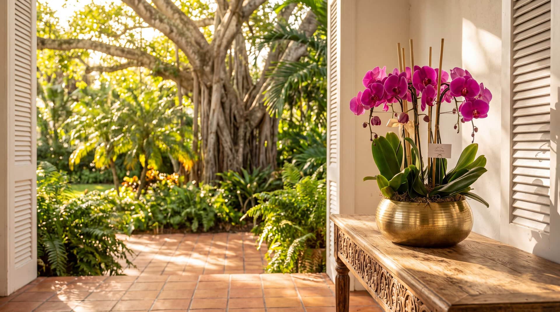 Orquídeas Swan magenta en macetero dorado de My Divine Decors sobre una consola tallada en la veranda de una casa de Coconut Grove con un baniano en el jardín