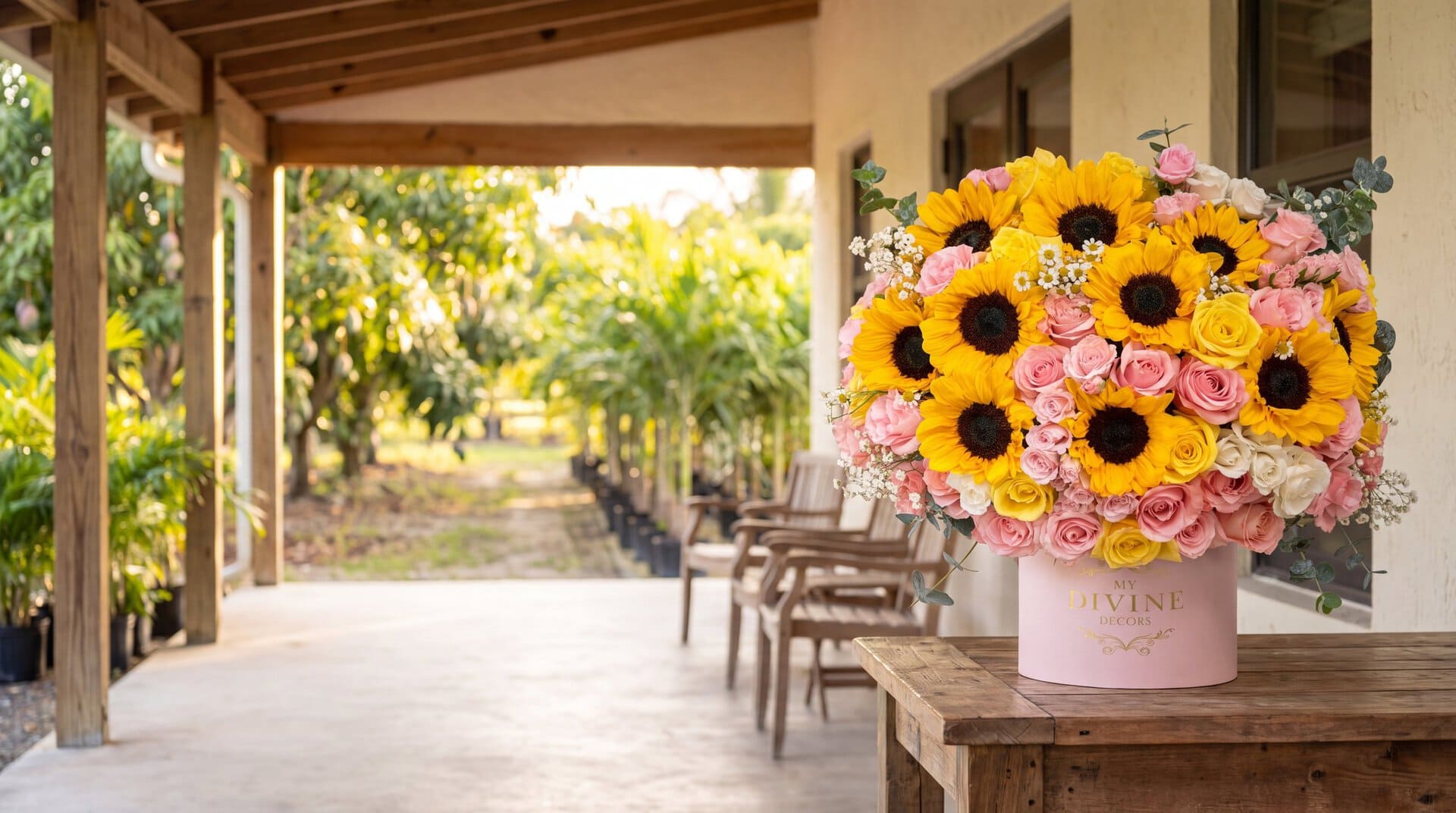 Caja Sombrero Jardín de Girasoles de My Divine Decors con girasoles y rosas rosadas sobre una mesa de madera en el porche de una casa del Redland, en Homestead, con un huerto de mango detrás