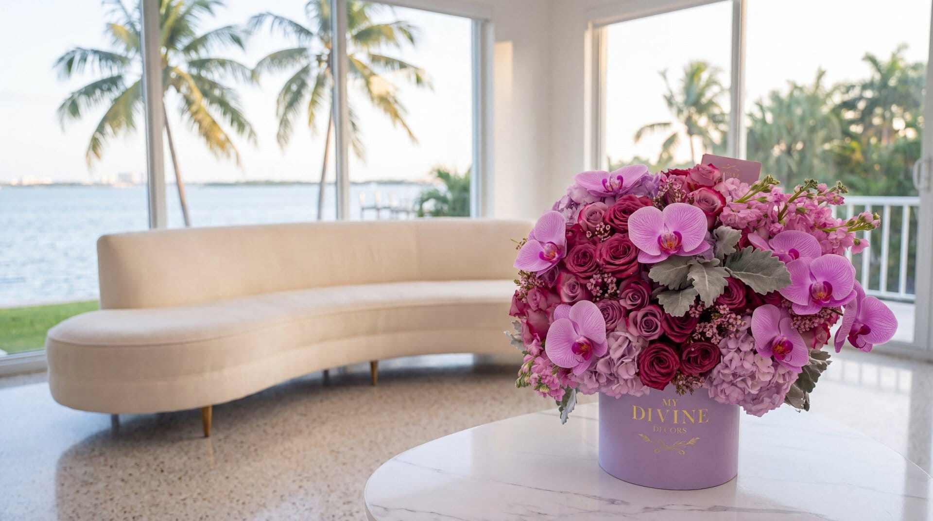 Caja Sombrero Amor Malva de My Divine Decors con rosas malva, orquídeas rosadas e hortensias sobre una mesa de mármol en un apartamento del Upper East Side con vista a la bahía
