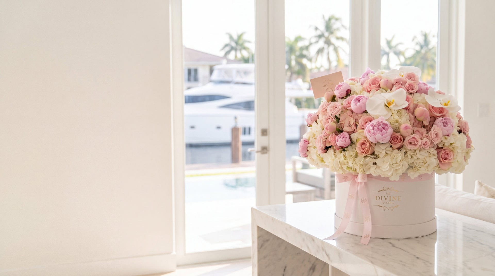 Caja blanca de peonías rosadas, rosas, orquídeas e hortensias con cinta rosada sobre una consola de mármol en una casa frente al canal en Las Olas Isles, Fort Lauderdale