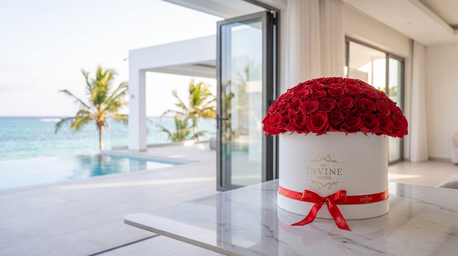 Caja Grand de 100 rosas rojas de My Divine Decors sobre una mesa de mármol en una villa blanca de Golden Beach con piscina y vista al océano