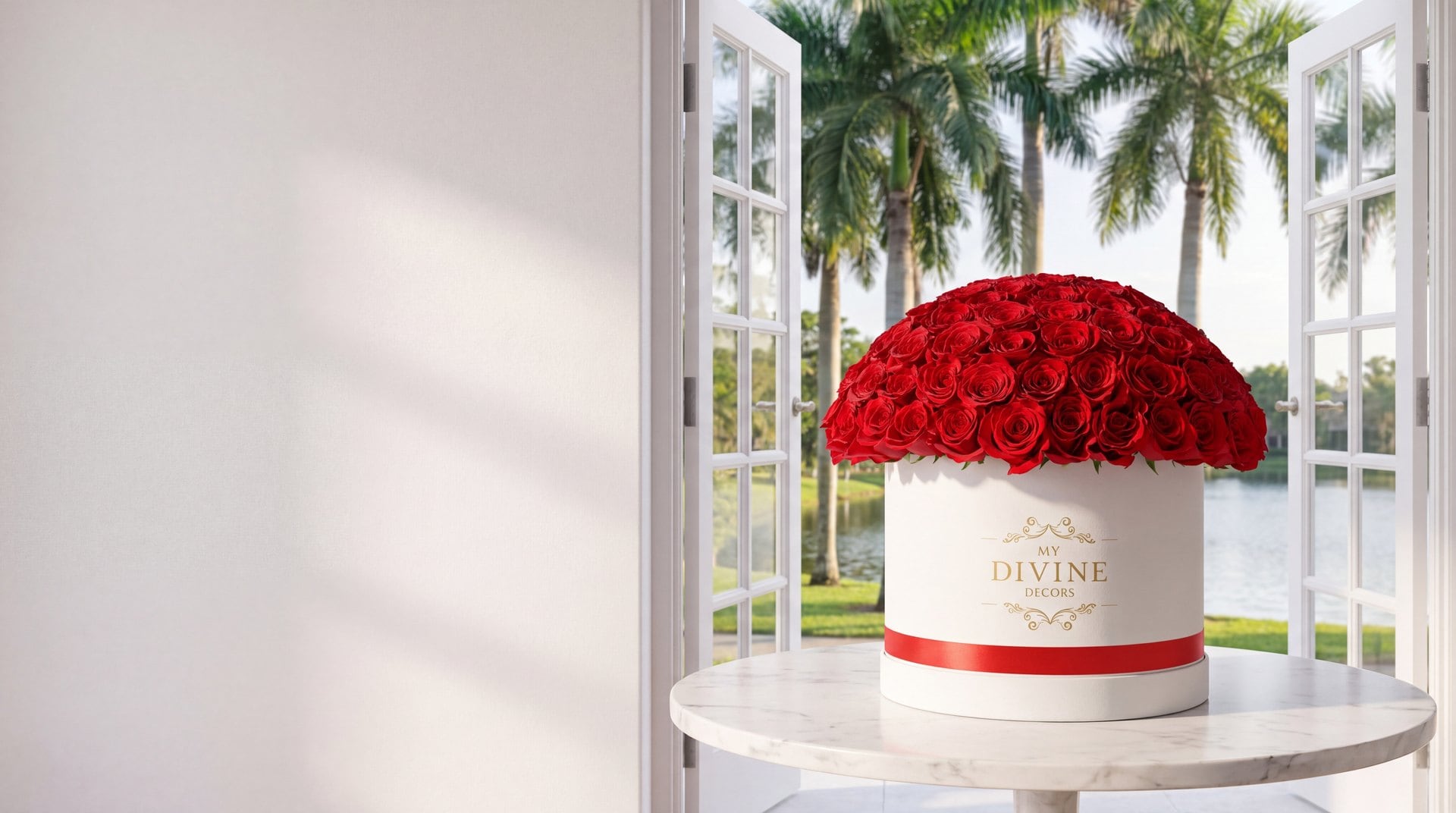 Caja redonda blanca de My Divine Decors con 100 rosas rojas sobre una mesa de mármol frente a puertas francesas abiertas a un jardín con palmas y un lago en Hollywood Lakes