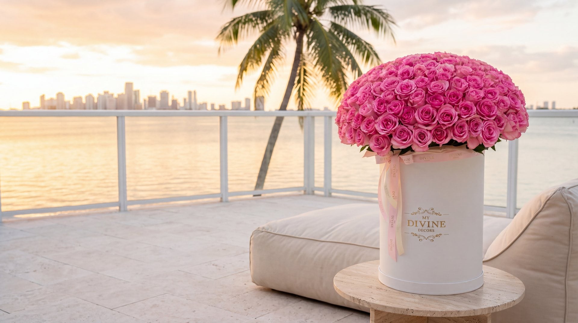 Caja sombrero alta de My Divine Decors con 200 rosas rosadas en una terraza frente a la bahía de Biscayne al atardecer, con el skyline de Miami al fondo