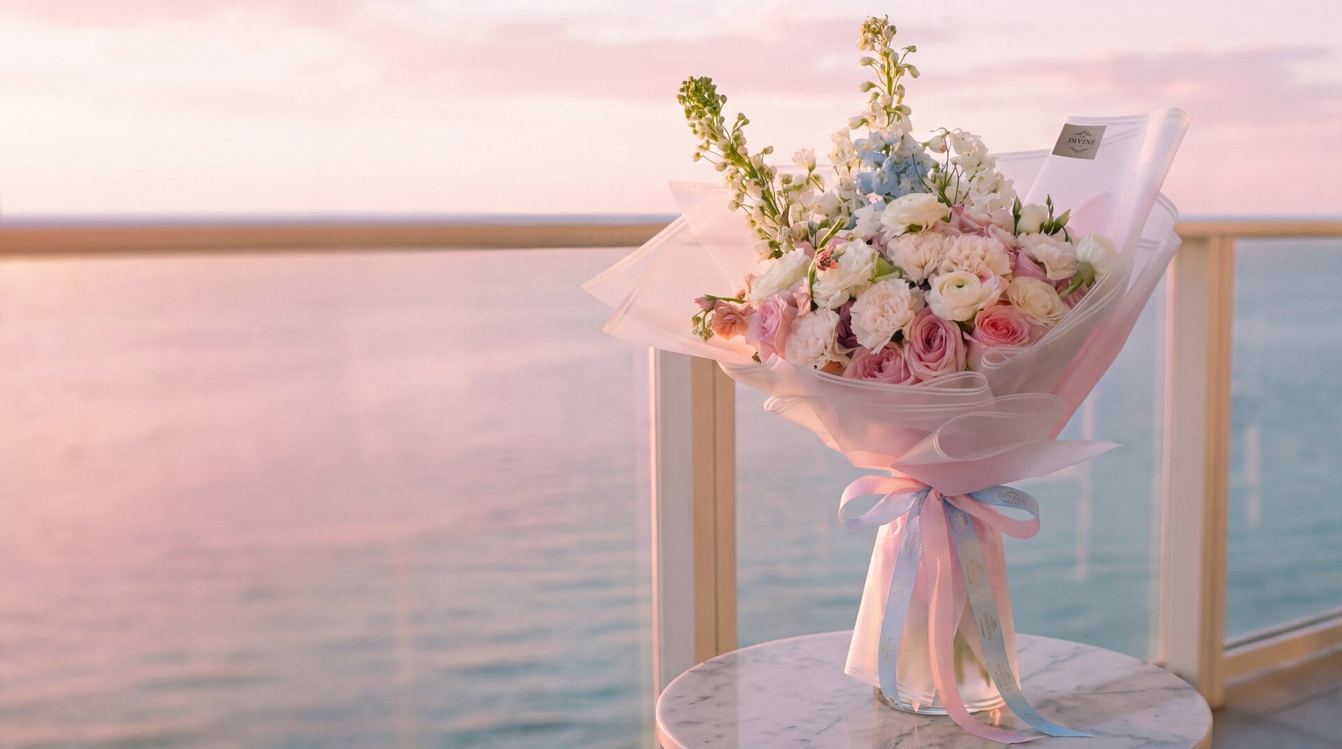 Ramo de lujo de rosas de jardín, ranúnculos, lisianthus y delphinium en papel blanco con cintas rosa y celeste, sobre una mesa de mármol en un balcón frente al mar en Miami Beach