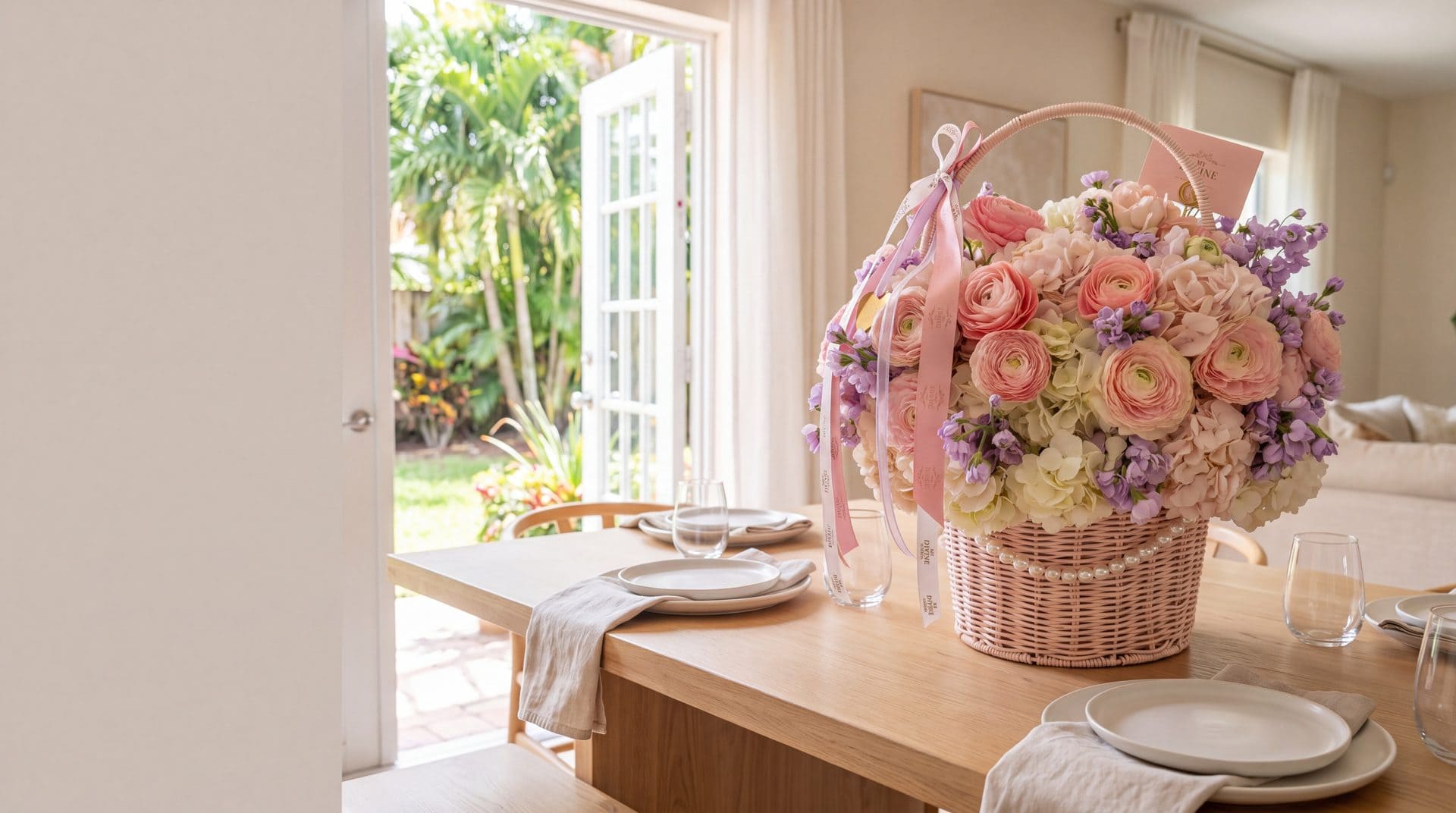 Canasta de Elegancia en Flor de My Divine Decors con ranúnculos, hortensias y stock lila en la mesa del almuerzo del domingo de una casa en Miami Gardens