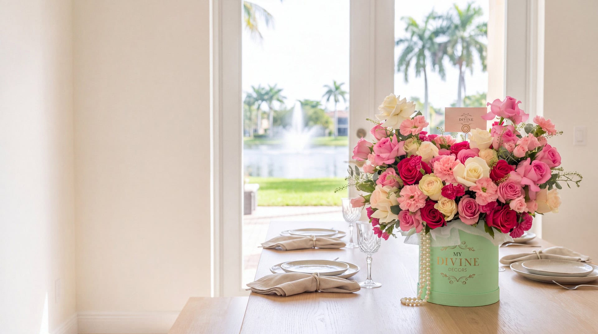 Caja verde menta La Vie en Chanel con rosas rosadas y blancas y collar de perlas sobre una mesa familiar en una casa junto al lago en Miami Lakes