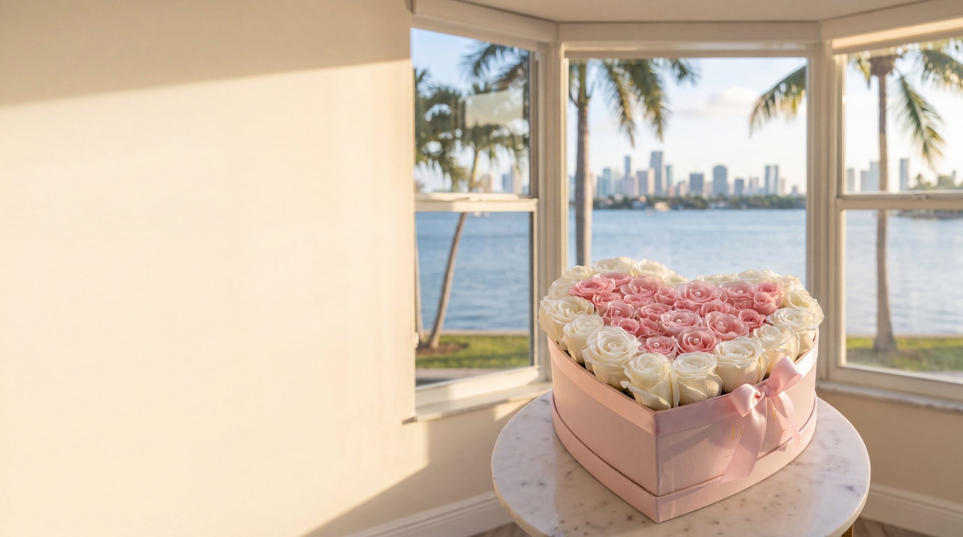 Caja en forma de corazón de My Divine Decors con rosas rosadas y blancas sobre una mesa de mármol frente a la bahía en Eastern Shores, North Miami Beach