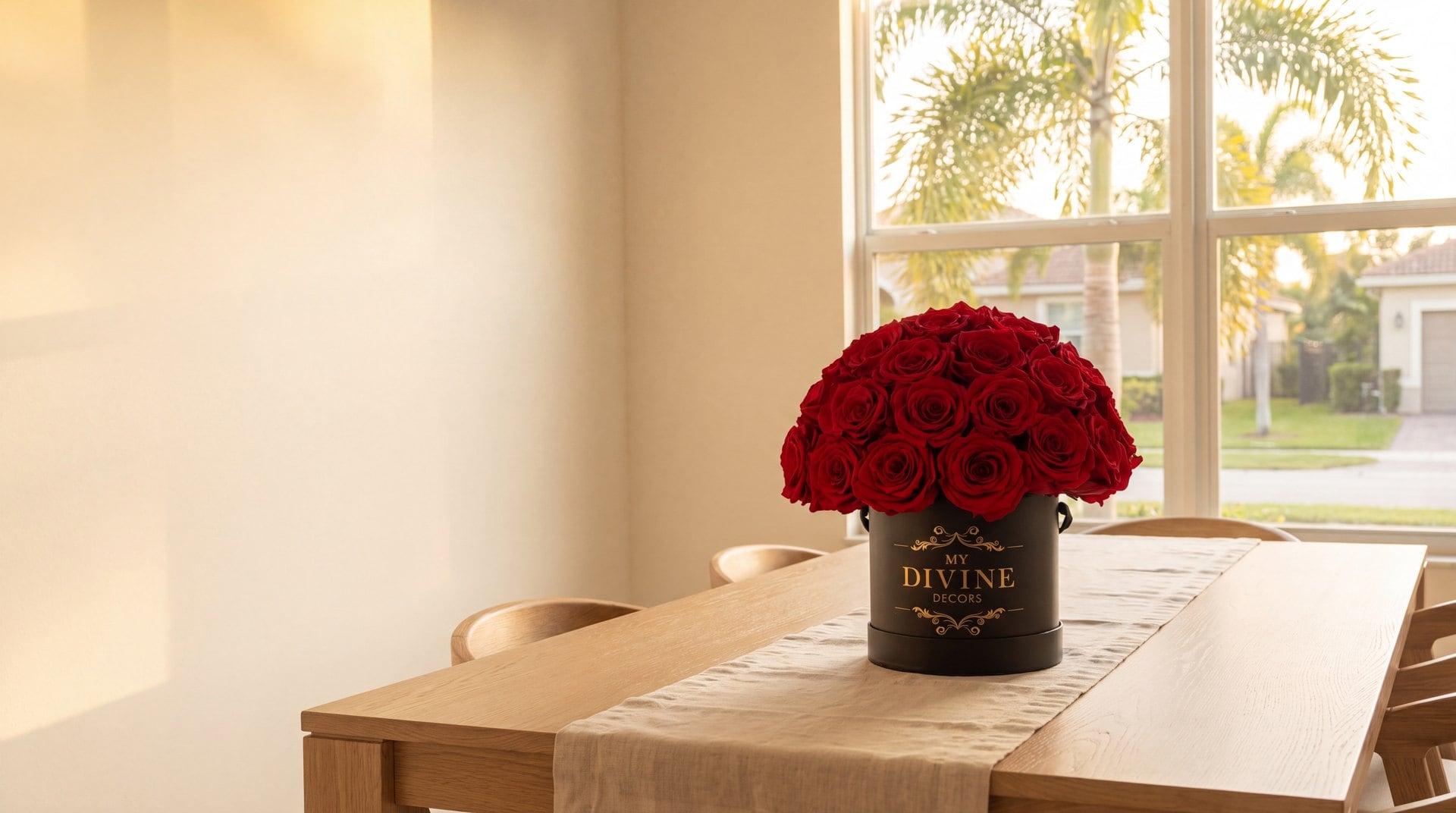 Caja redonda negra de My Divine Decors con 30 rosas rojas preservadas sobre la mesa del comedor de una casa en Miramar con palmas en la ventana