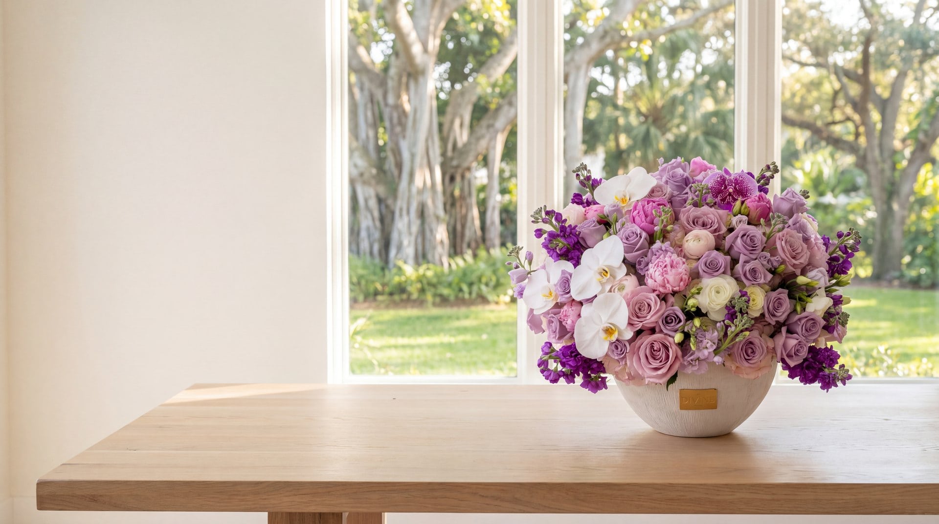 Arreglo Lavanda en Florero de rosas lila, orquídeas blancas y alhelí morado en florero blanco sobre la mesa del comedor de una casa en Pinecrest con banianos al fondo