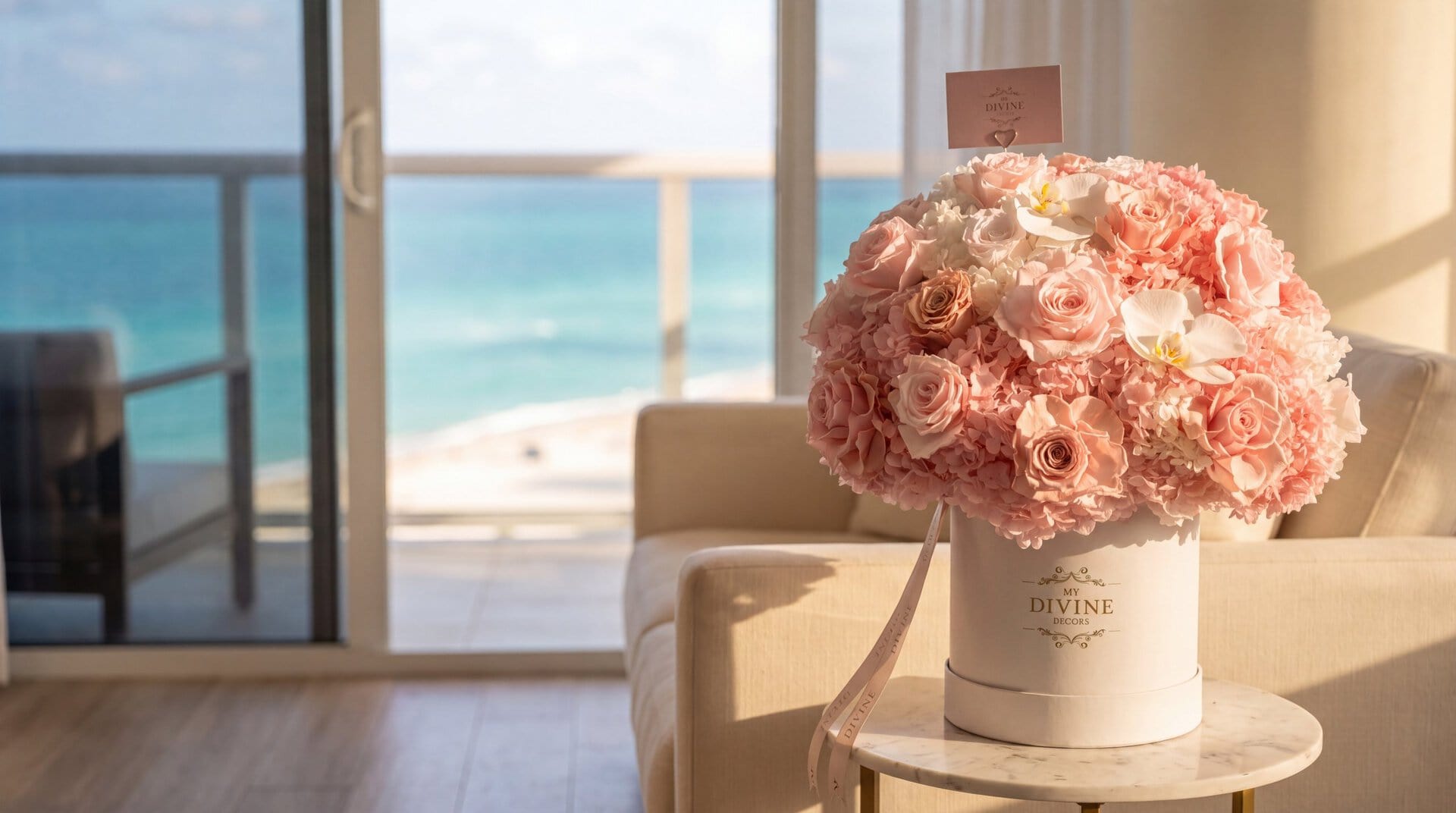 Arreglo Arianna de rosas preservadas rosadas, hortensias y orquídeas blancas en caja sombrero blanca de My Divine Decors, en la sala de un apartamento frente al mar en Sunny Isles Beach