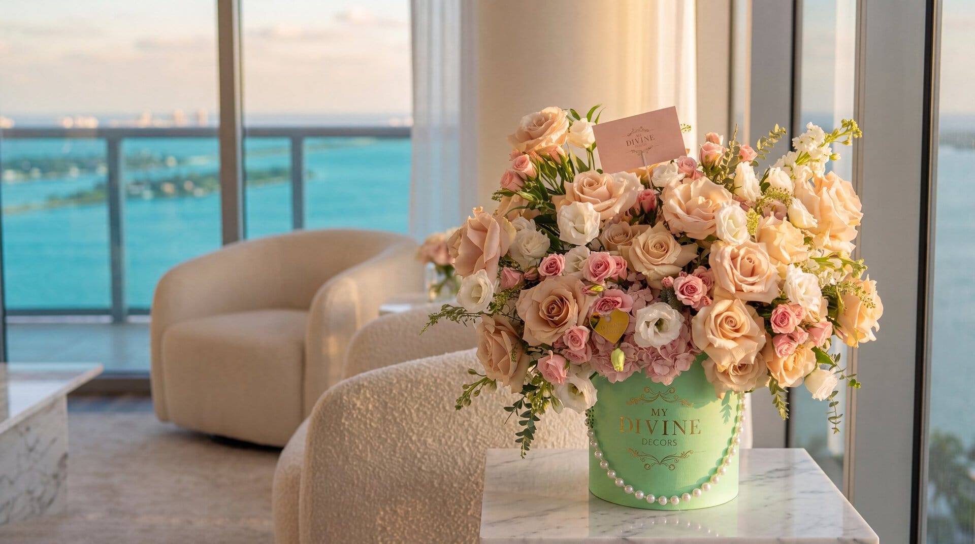 Caja Sombrero Champagne Mint de My Divine Decors con rosas champán y rosadas y perlas, sobre una mesa de mármol en un apartamento de Edgewater frente a la bahía de Biscayne
