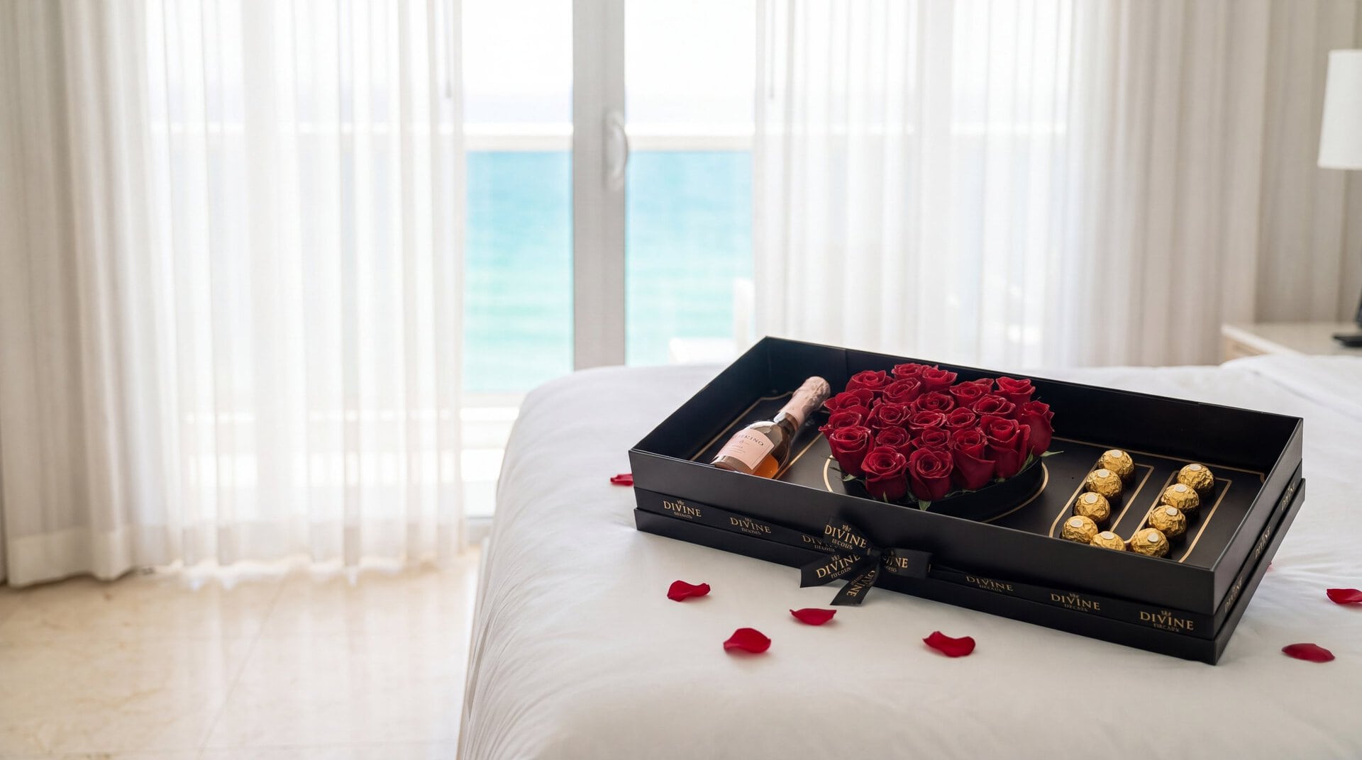 Caja de Regalo I Love You de My Divine Decors con corazón de rosas rojas, una U de chocolates Ferrero Rocher y una botellita, sobre la cama de una suite frente al mar en Miami Beach