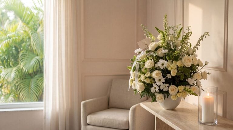 Arreglo Elegancia Pura de My Divine Decors con rosas blancas, margaritas y perritos en un florero blanco, junto a una vela encendida en la sala de una casa en Miami