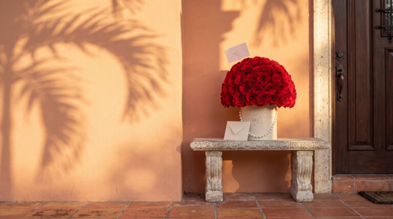 Una caja sombrero crema de My Divine Decors con rosas rojas, perlas y tarjeta, recién entregada en una banca de piedra junto a la puerta de una casa de Coral Gables