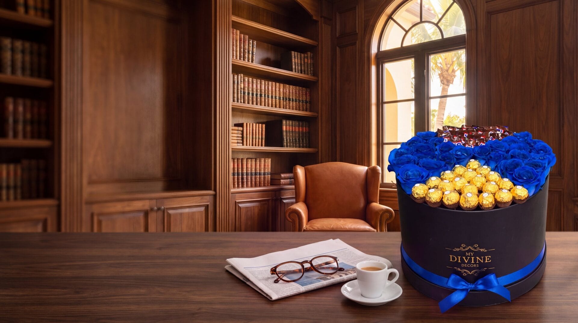 Una caja negra de My Divine Decors con rosas azules y chocolates Ferrero Rocher sobre un escritorio de nogal en un estudio de Coral Gables un domingo por la mañana