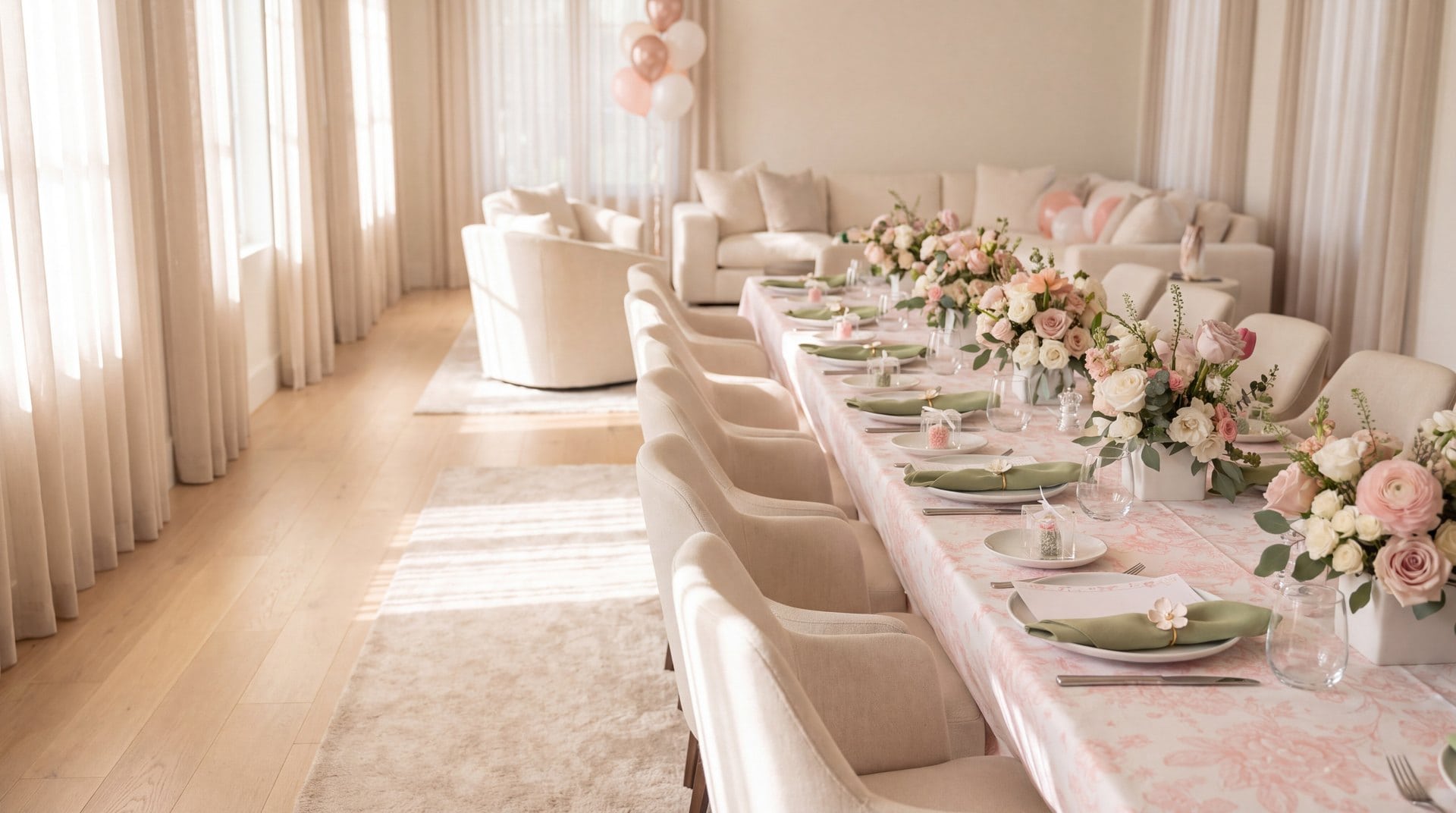 Mesa de baby shower en la sala de una casa en Miami con centros bajos de rosas blush, ranúnculos y eucalipto de My Divine Decors