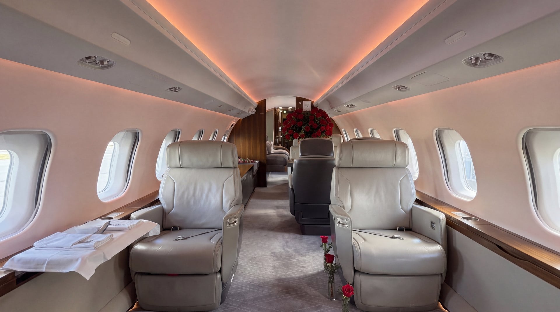 Cabina de jet privado con asientos de cuero crema, un arreglo grande de rosas rojas al fondo y rosas rojas sueltas en floreros de cristal en el pasillo, por My Divine Decors en Miami