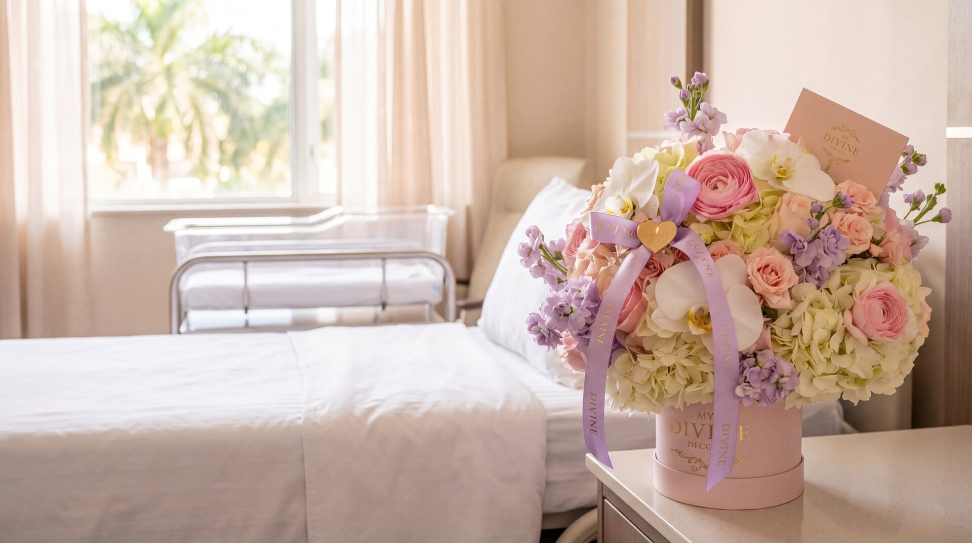 Caja Hanna de My Divine Decors con rosas blancas y rosadas, ranúnculos, hortensias y orquídeas con lazo lila, en la mesa de noche de una suite de maternidad en Miami