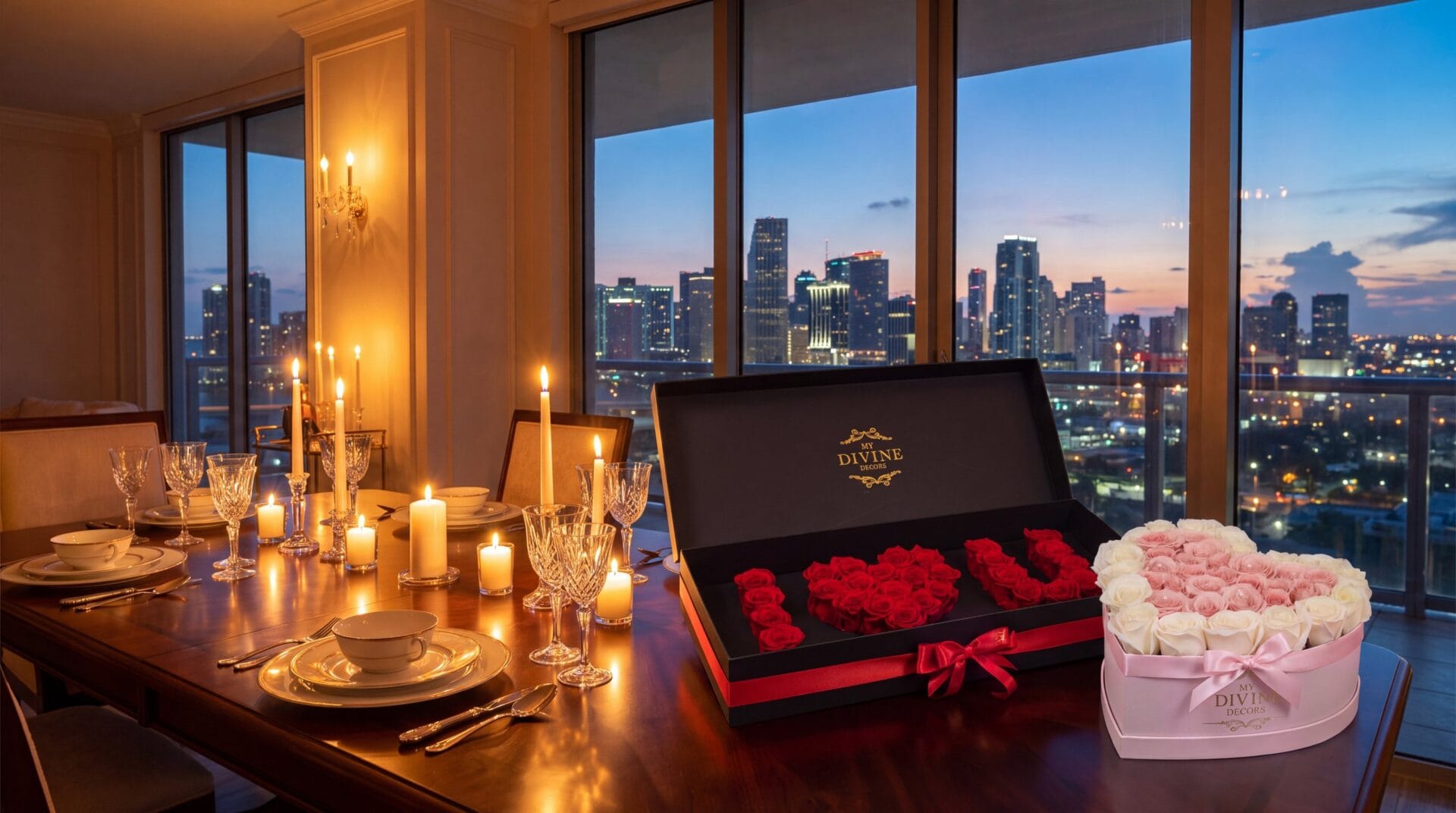 Una caja negra alargada de My Divine Decors con rosas rojas que forman I, un corazón y U, y una caja de corazón rosada con rosas rosadas y marfil sobre una mesa de cena con velas en un penthouse de Miami al anochecer