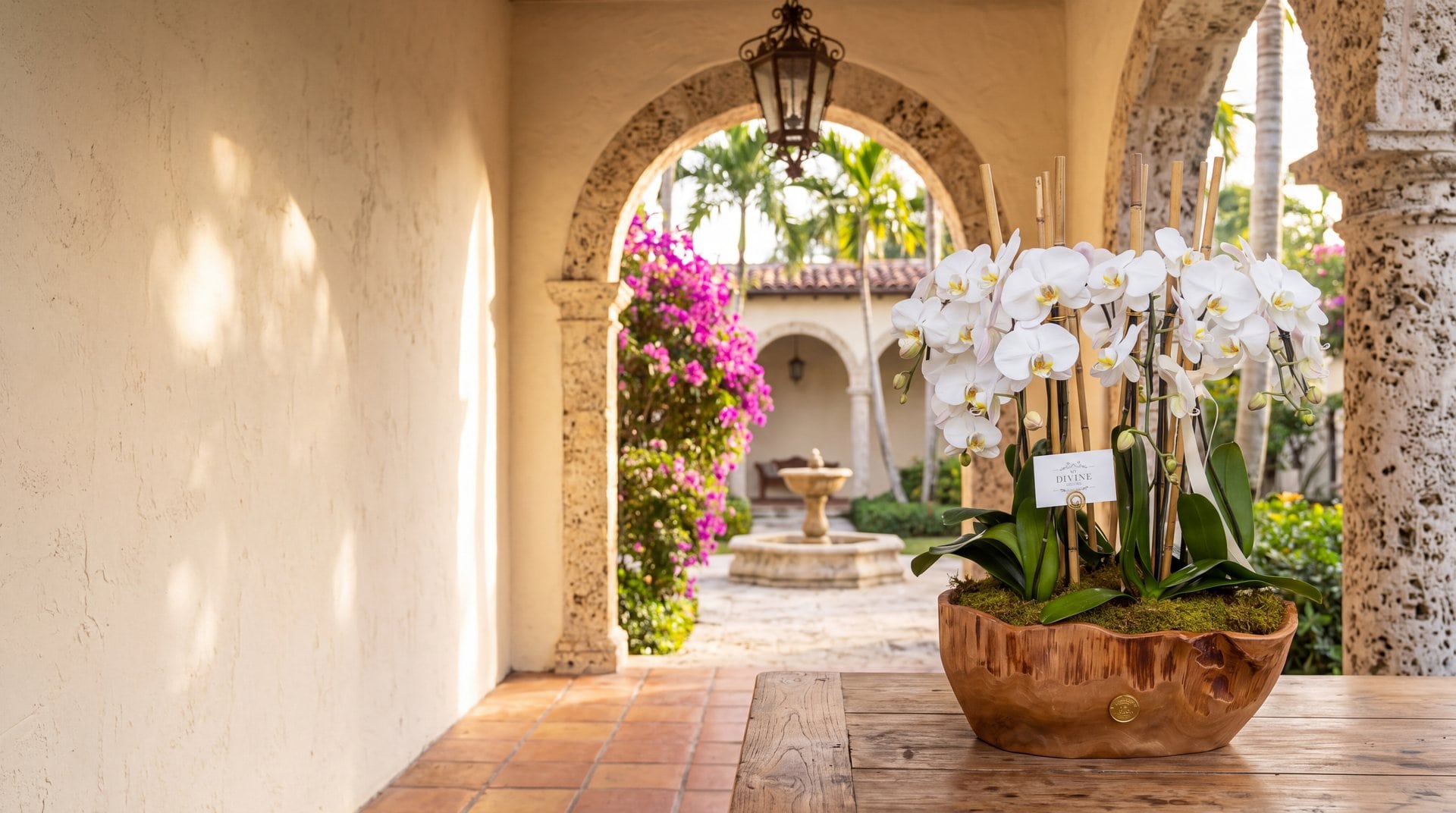 Woodland Orchid Luxe, white phalaenopsis orchids in a hand-carved teak bowl, in the coral stone loggia of a Coral Gables home