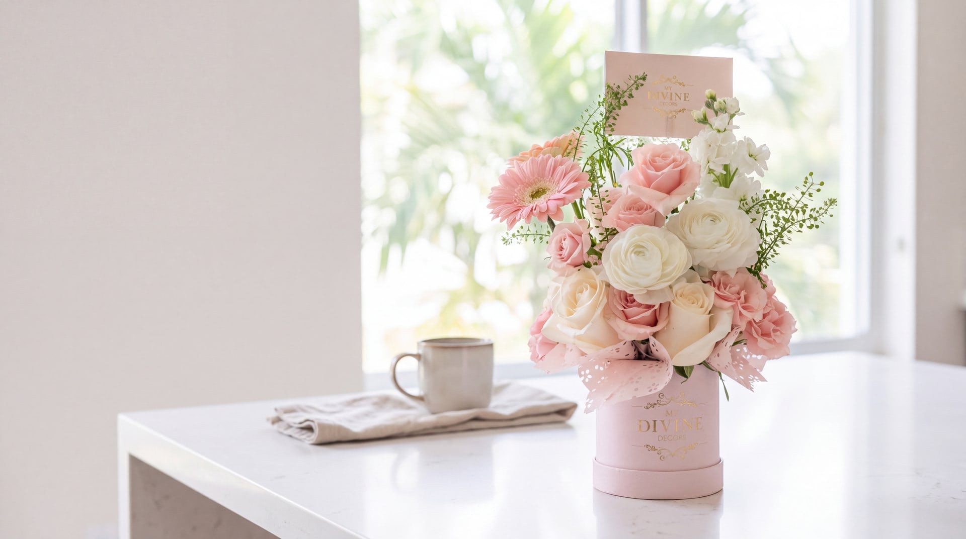 Designer's Choice Mini Box of blush roses and ranunculus in a pink My Divine Decors hatbox on a kitchen island in Hialeah
