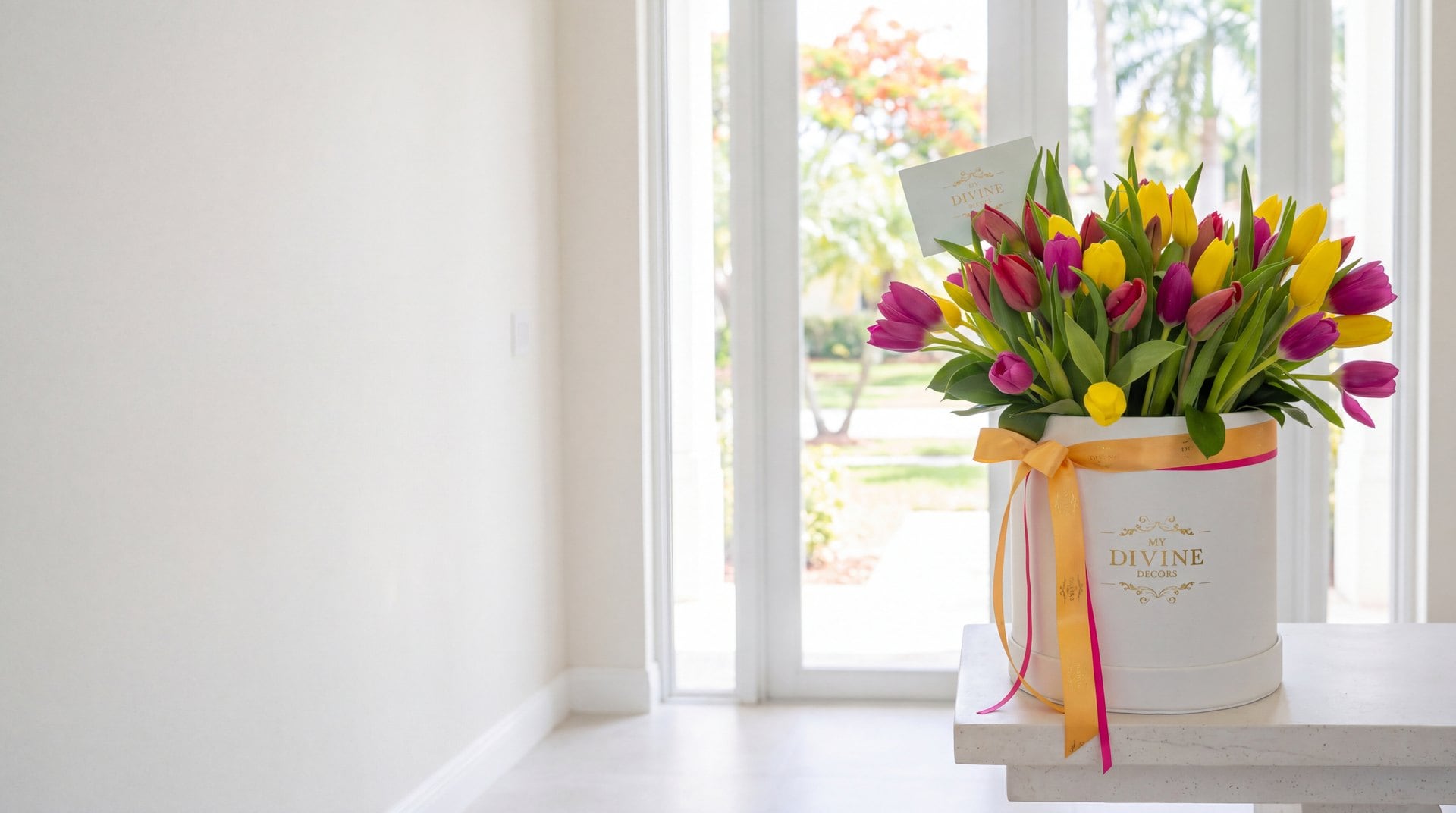 Fifty tulips in a white My Divine Decors Signature hatbox on an entry console in a Kendall home