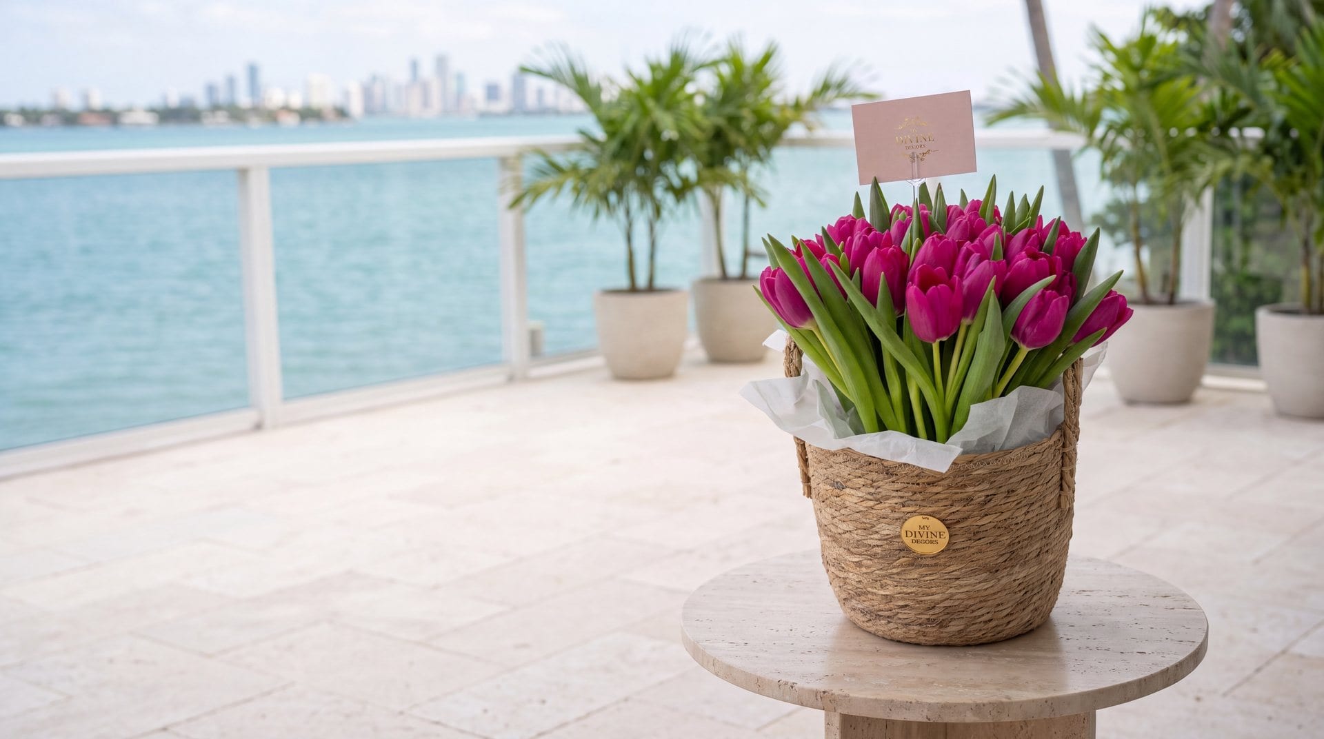 The Pink Garden tulip basket by My Divine Decors on a bayfront terrace in Key Biscayne, with Biscayne Bay and the Miami skyline behind it