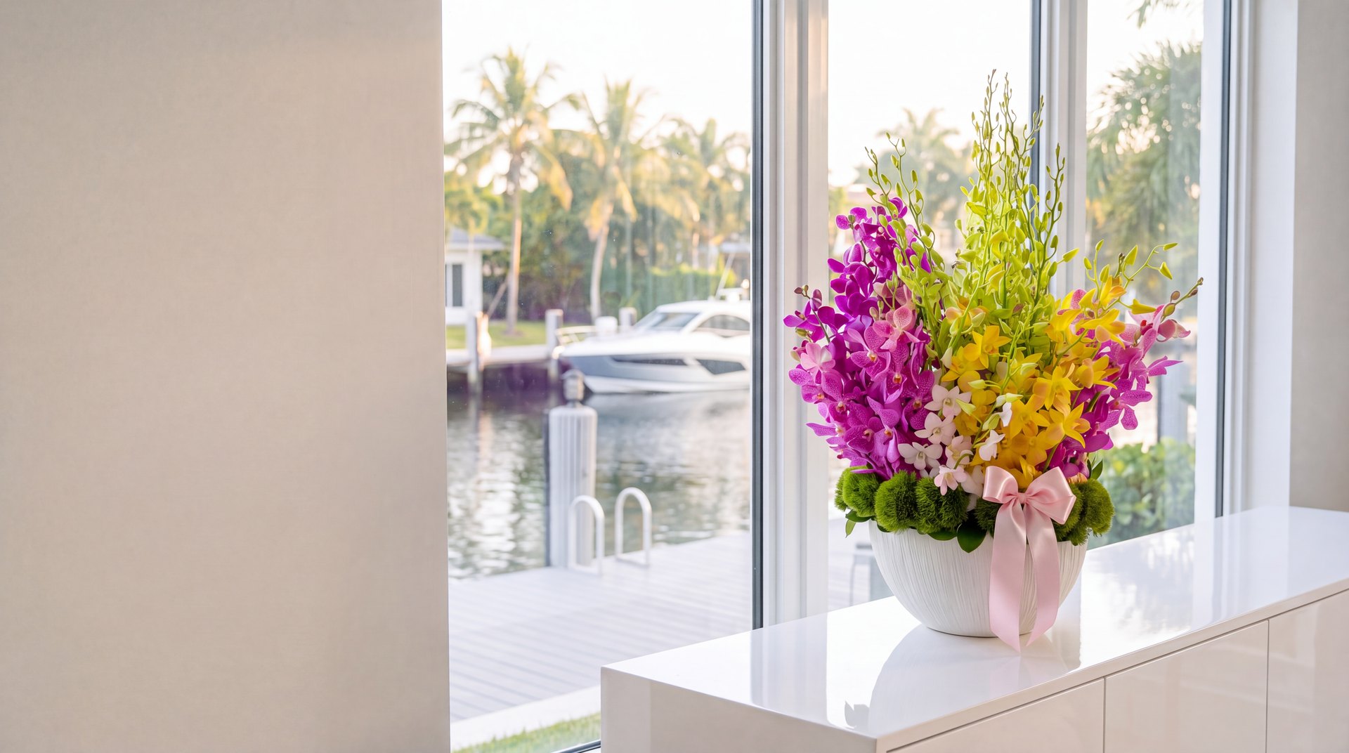 Spring Cut Orchids, purple mokara and yellow dendrobium orchids in a white bowl on a console in a Keystone Point home on a canal in North Miami