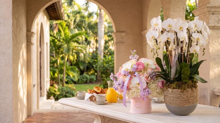 A My Divine Decors Hanna signature box of roses, ranunculus and hydrangeas and a woven planter of white phalaenopsis orchids on a Sunday brunch table on a Coral Gables terrace