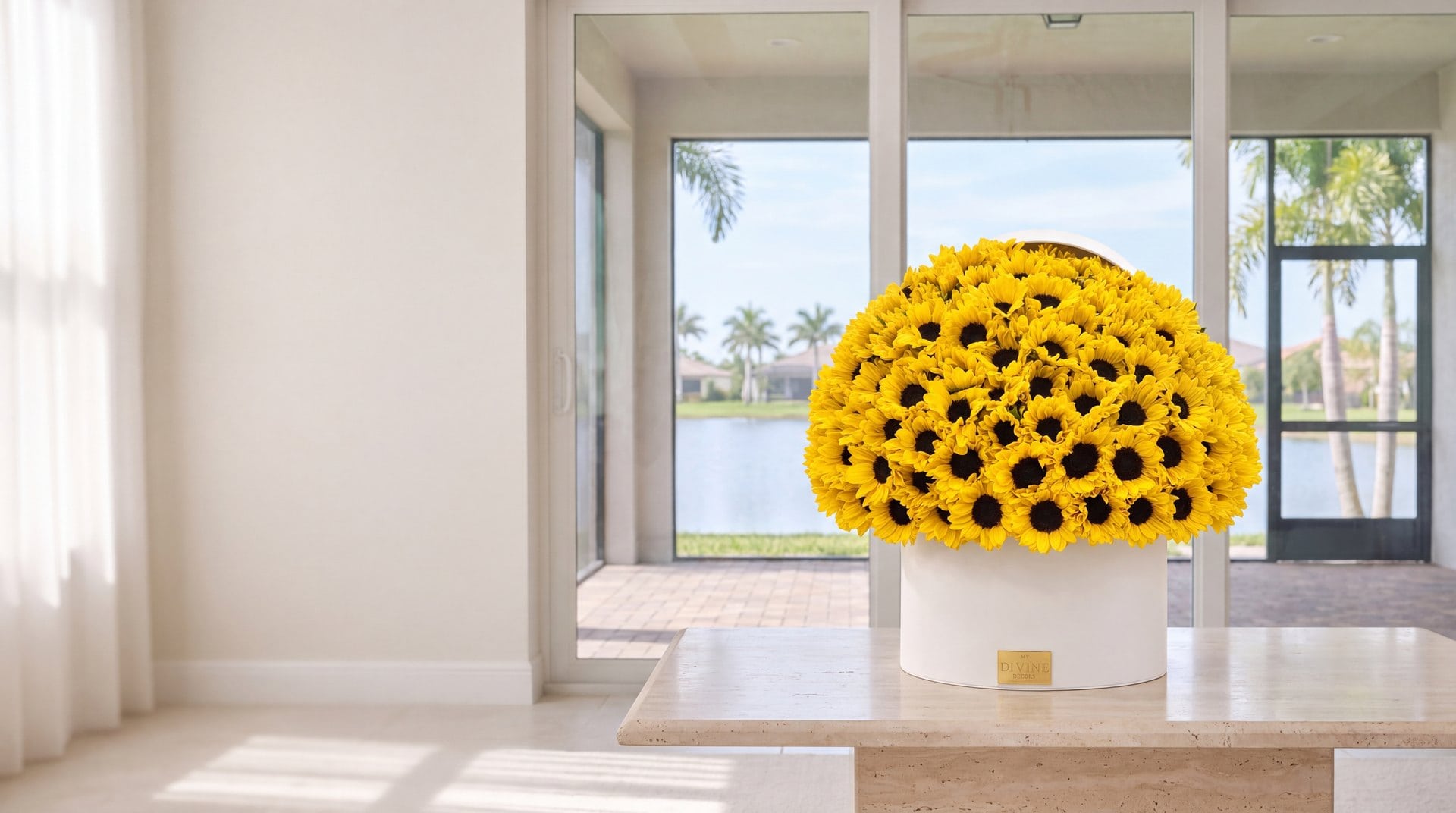 Sunflowers Grand Hat Box, a full dome of sunflowers in a white My Divine Decors box on a travertine table in a Pembroke Pines home overlooking a lake