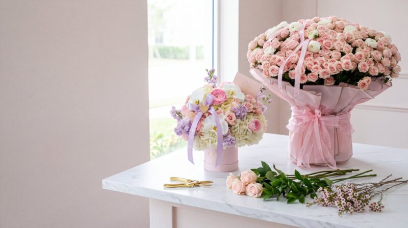 The XL Grand Luxury bouquet of spray roses and ranunculus and the Hanna signature box by My Divine Decors on the design table of the Doral studio, with three roses, five ruscus stems and eight sprigs of wax flower laid out beside them