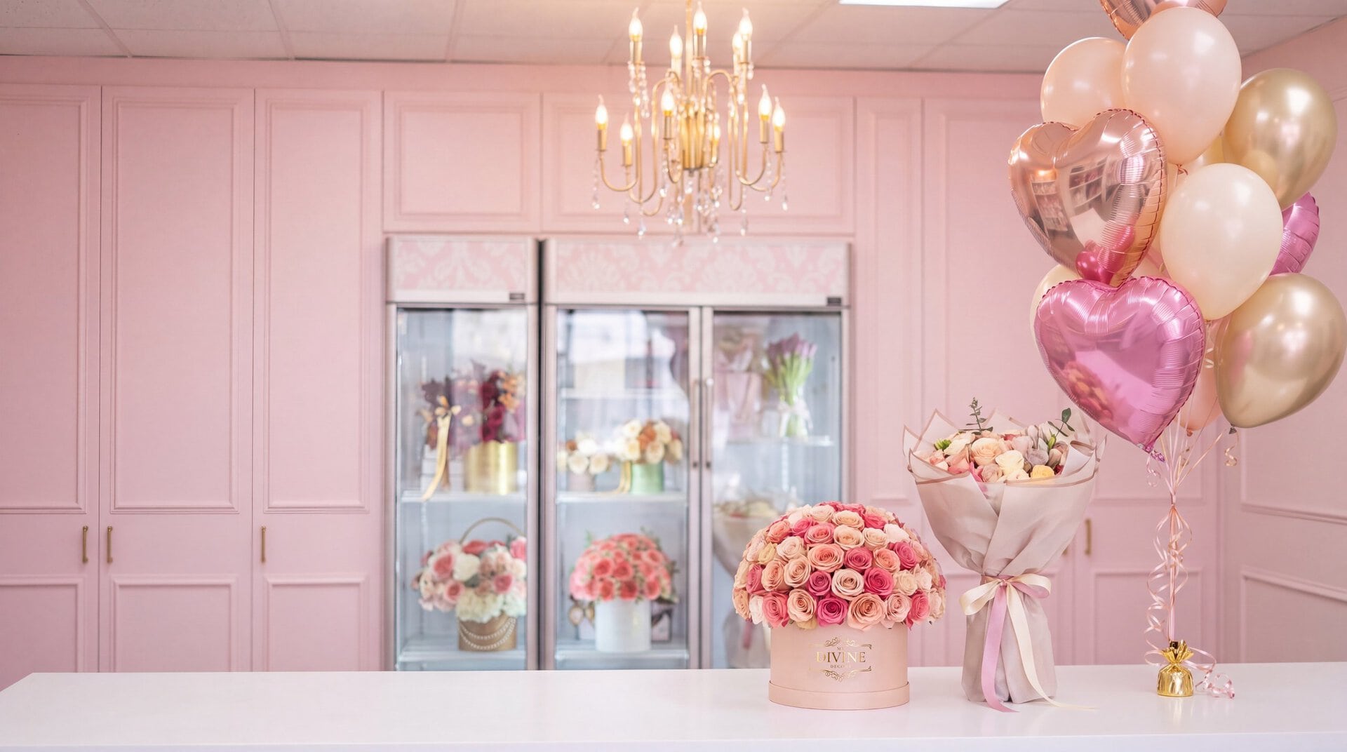 A hat box of roses, a wrapped bouquet and a balloon bouquet on the counter of the My Divine Decors pink flower studio in Doral, with the flower coolers behind
