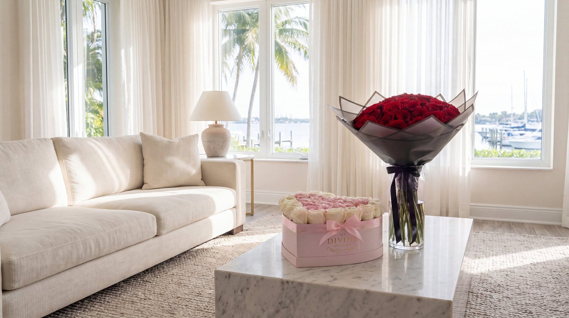 Una caja de corazón rosada de My Divine Decors con rosas blancas y rosadas y un ramo buchón de rosas rojas en un florero de cristal sobre una mesa de mármol en una sala de Coconut Grove un domingo por la mañana