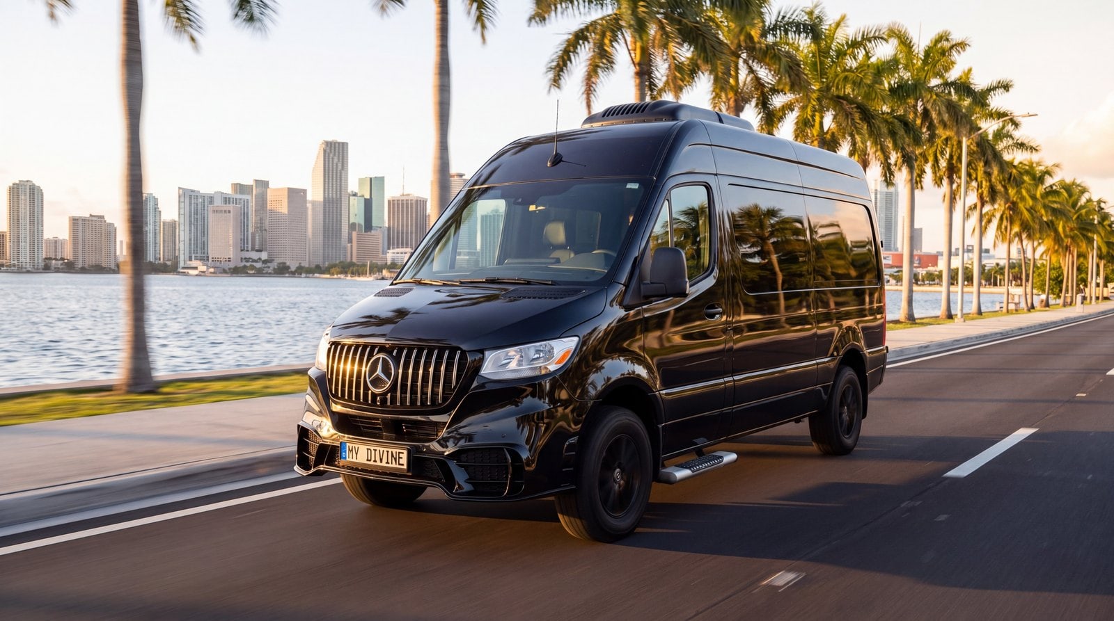 Black My Divine Decors Mercedes delivery van with MY DIVINE plate by the bay in Brickell