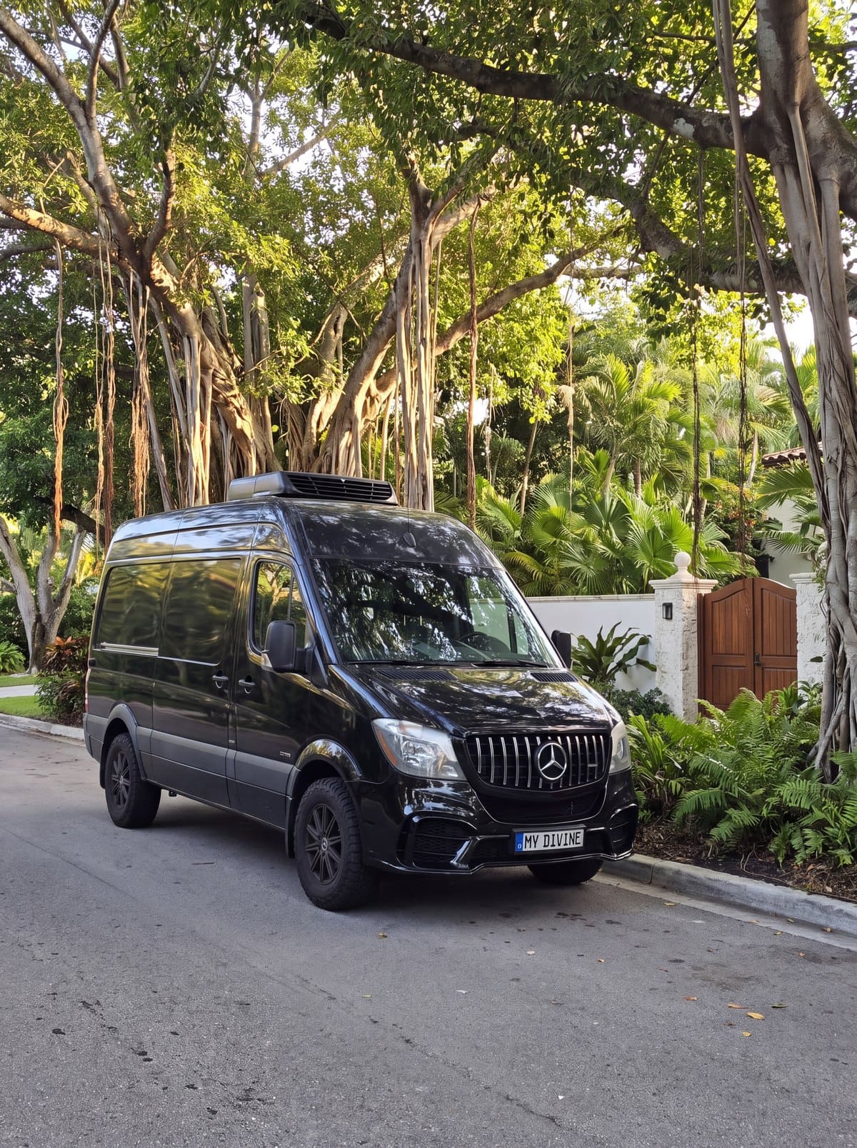 Black My Divine Decors Mercedes delivery van with MY DIVINE plate under the banyan trees of a Coconut Grove street