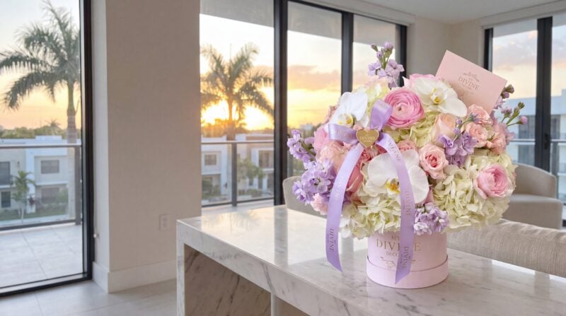 Hanna signature flower box from My Divine Decors on a marble console in a Doral condo at golden hour