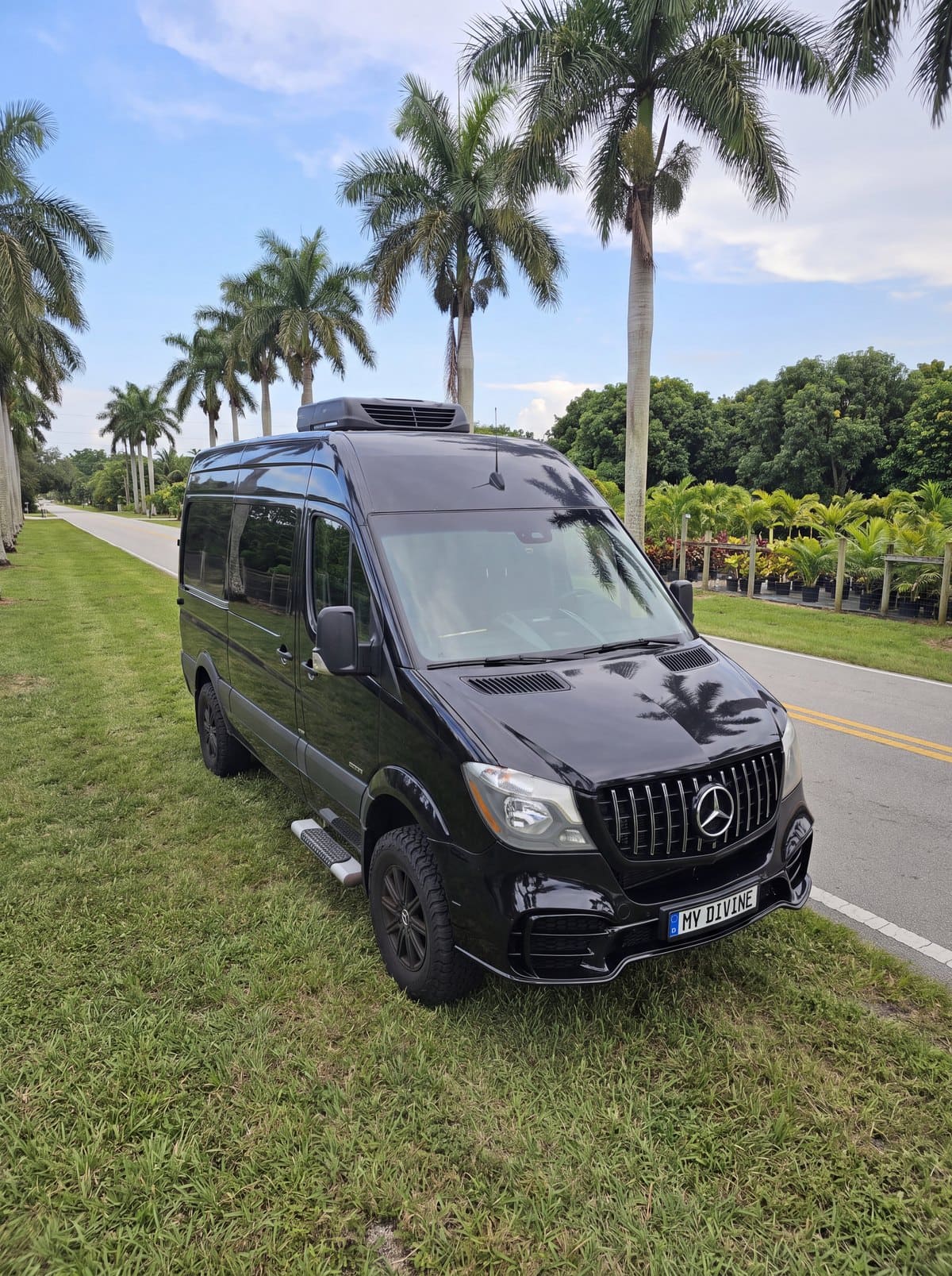 Black My Divine Decors Mercedes delivery van with MY DIVINE plate on a palm-lined country road in the Redland, Homestead, with plant nurseries