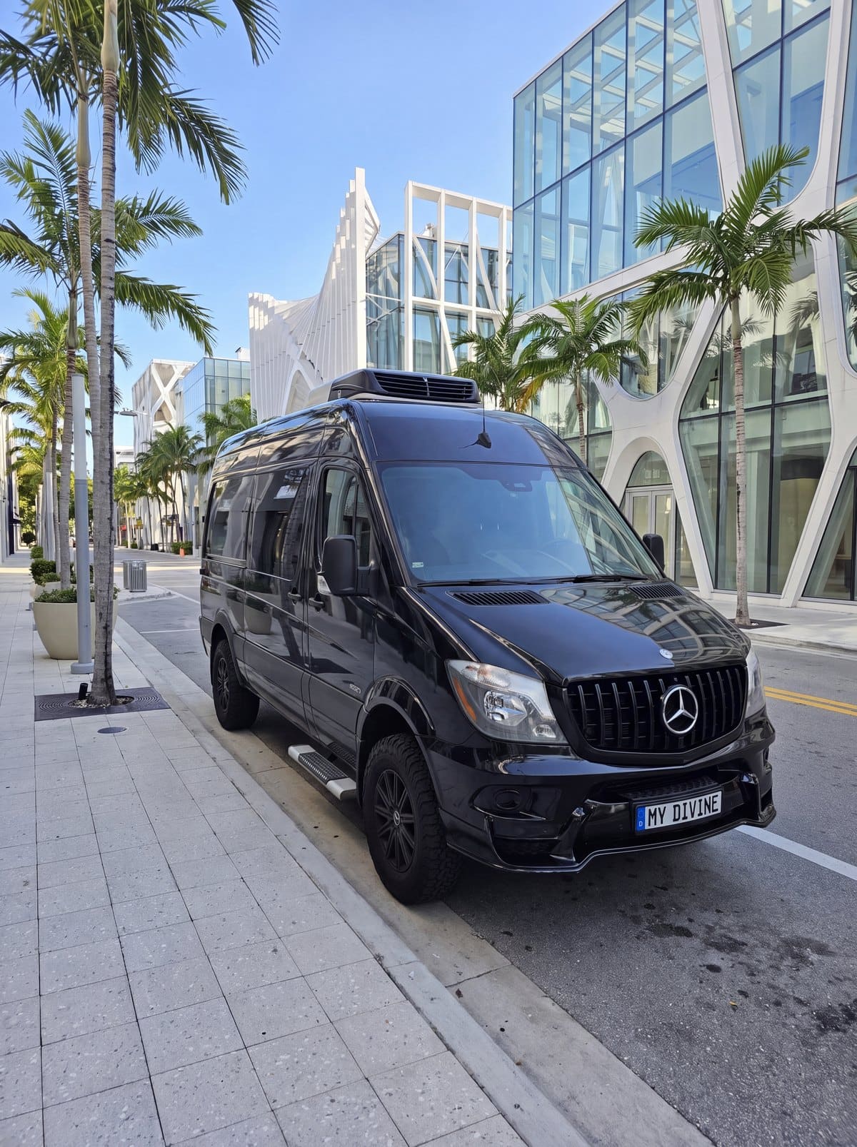 Black My Divine Decors Mercedes delivery van with MY DIVINE plate on a palm-lined street with modern architecture in the Miami Design District