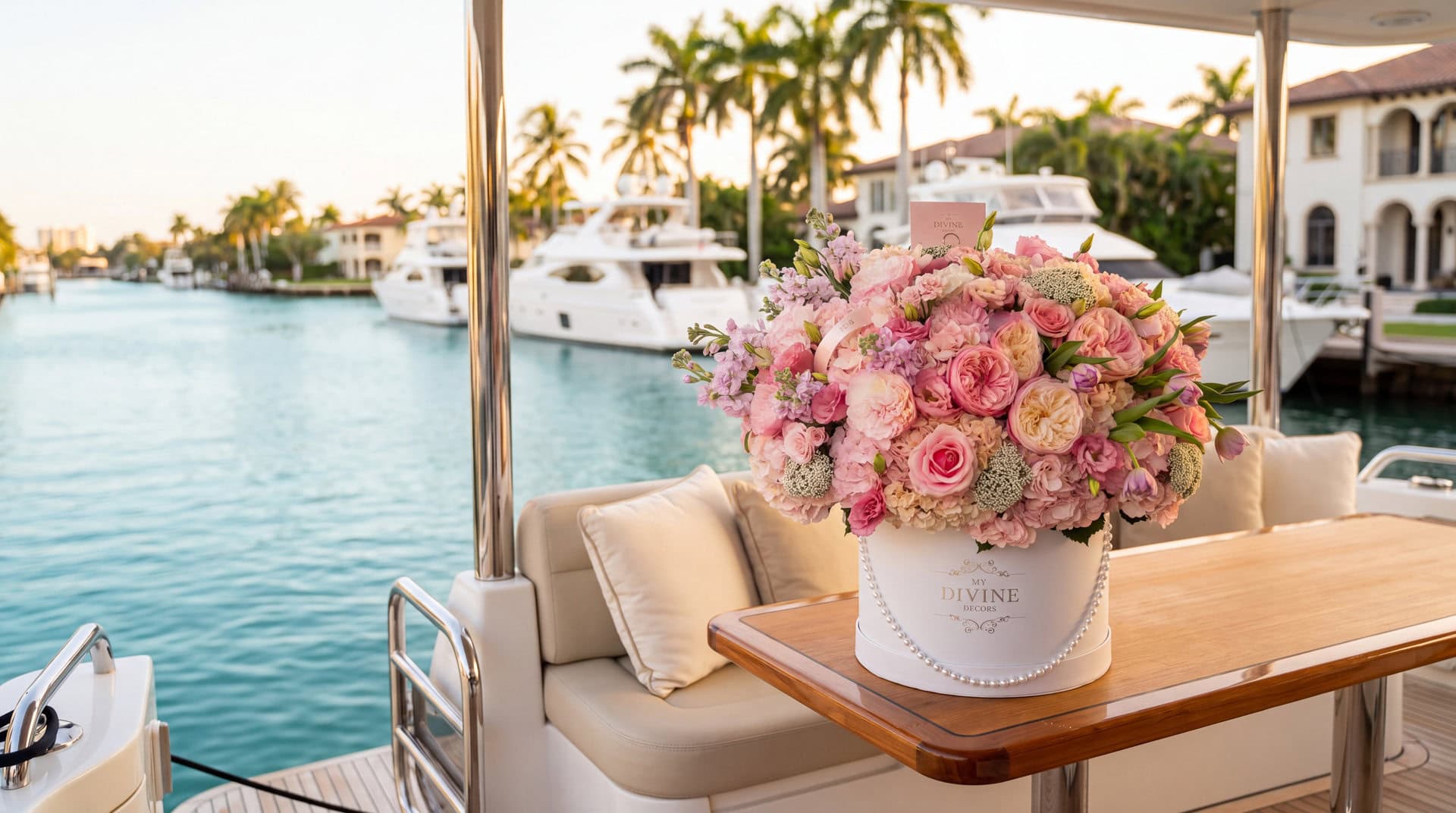 Grand Elegance Bloom Box of blush garden roses and hydrangea with pearls on the aft deck table of a yacht on a Fort Lauderdale canal at sunset