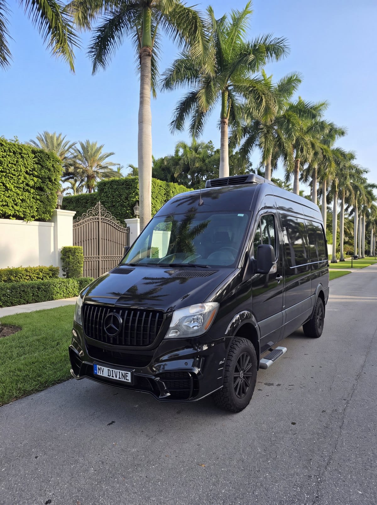 Black My Divine Decors Mercedes delivery van with MY DIVINE plate in front of the gate of a home on a palm-lined street in Golden Beach