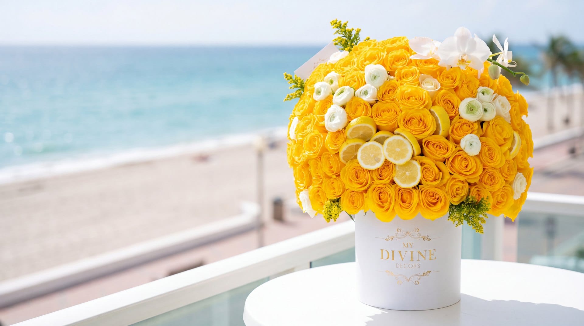 Limoncello Luxe hat box of yellow roses, white ranunculus, orchids and lemon slices on an oceanfront terrace above Hollywood Beach and the Broadwalk