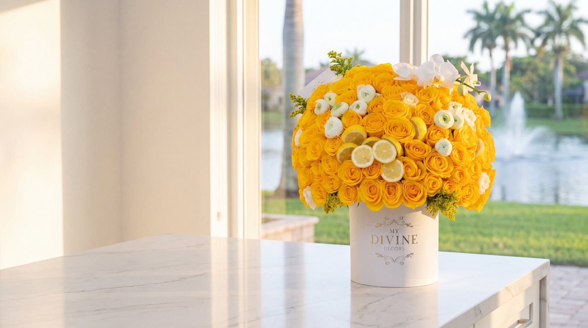 Limoncello Luxe hat box of yellow roses with lemon slices and a white orchid on a marble kitchen island in a Miami Lakes home by the lake