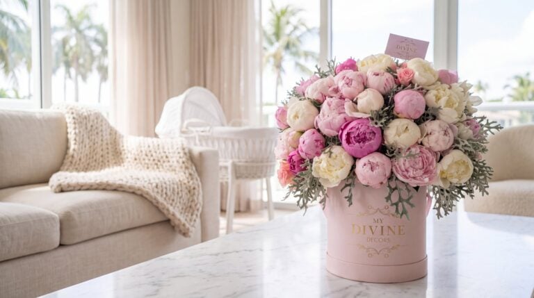 Peonies Luxury Box from My Divine Decors waiting for a new mom in a Miami living room