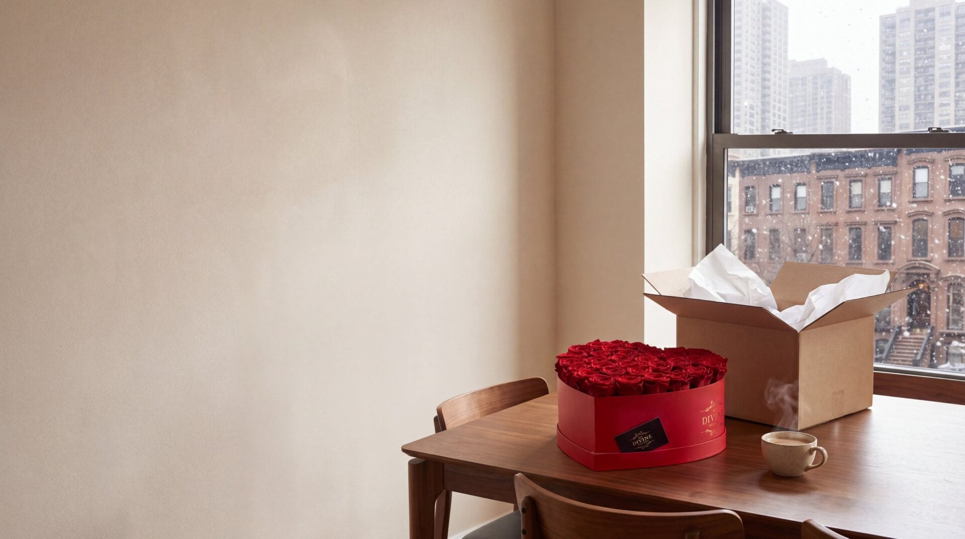 A red My Divine Decors heart box of preserved red roses just taken out of a plain shipping box on a walnut table, with snow falling outside the window