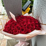 Forever Yours Bouquet, red roses in white wrap with pink ribbon